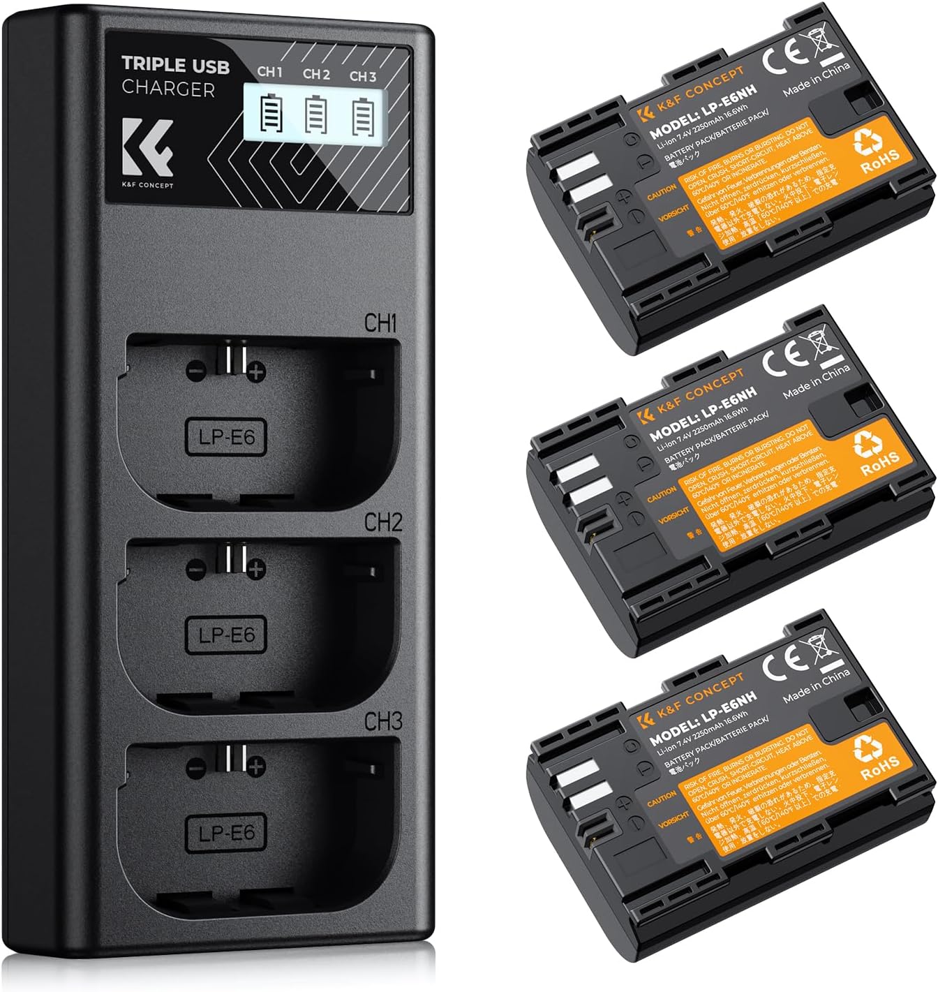 K&F Concept 3-Pack LP-E6NH Battery and Triple Slot Charger for Canon EOS R7, R6, R5, R, 6D Mark II, 5D Mark IV, 5D Mark III, 5DS, 5DS R, 5D Mark II, 80D, 90D, 6D, 7D, 7D Mark II, 2250mAh