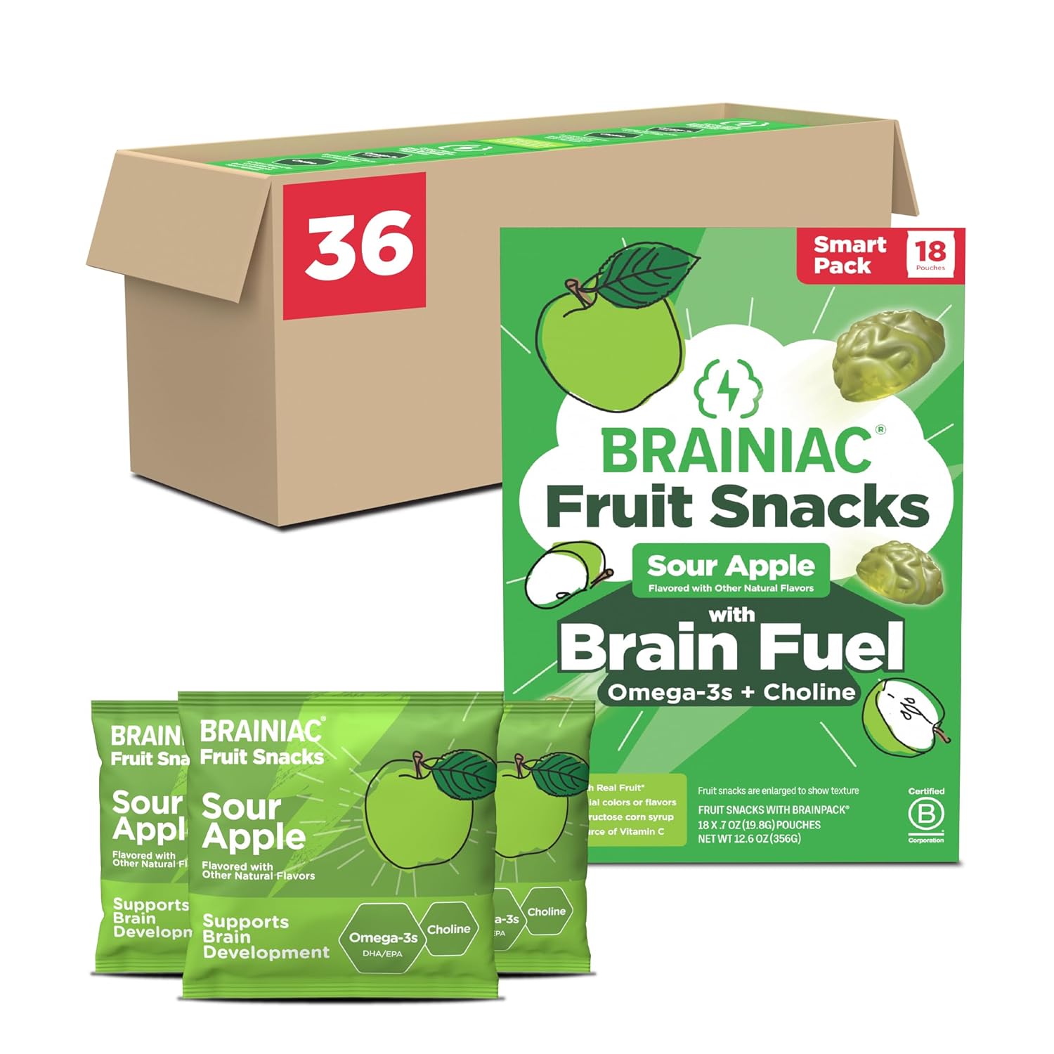 Brainiac Fruit Snacks, Sour Apple, Brain Boosting Patented BrainPack Ingredients with Omega-3s DHA/EPA and Choline, Functional and Nutritious Snacks, 36ct