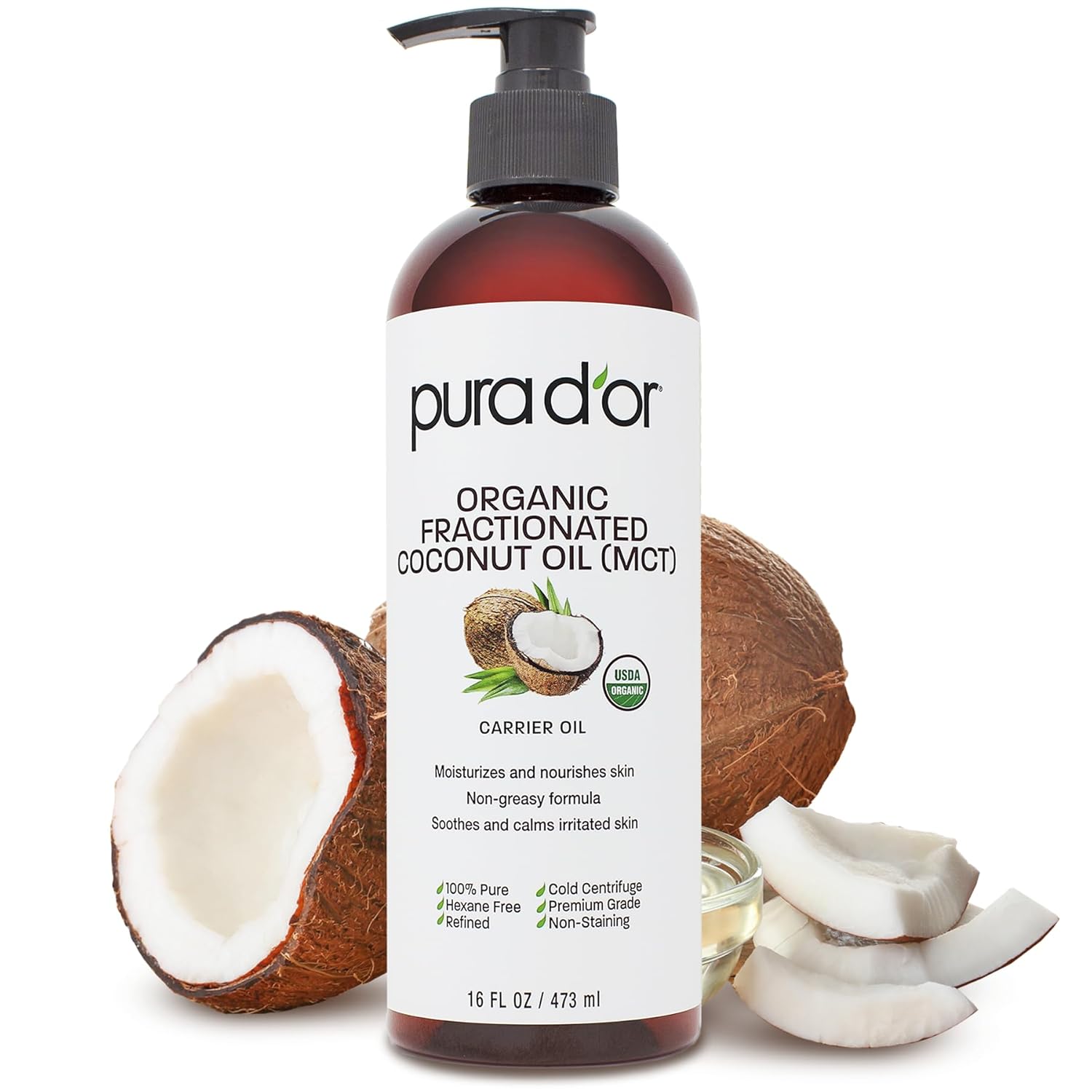 PURA D’OR 16 Oz ORGANIC Fractionated Coconut Oil – MCT Oil – 100% Pure & Natural USDA Certified Cold Pressed Carrier Oil – Unscented, Hexane Free Moisturizer For Face, Skin & Hair Tonic – Men & Women