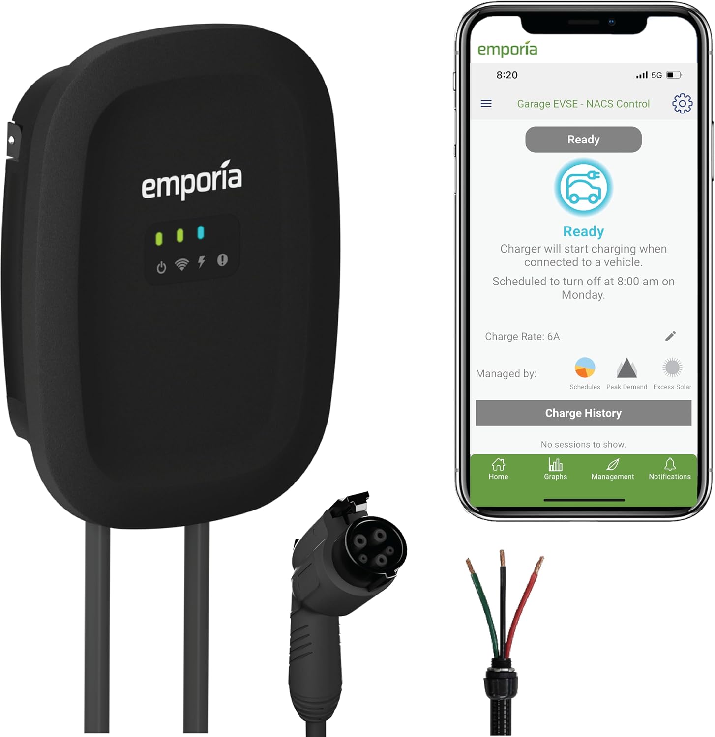 Emporia Level 2 EV Charger w/ J1772 Charger, 48 amp Electric Car Charger, Preconfigured for Hardwired Install with Whip, UL/Energy Star WiFi Enabled EVSE Level 2 Charger, 24ft Cable (Black)