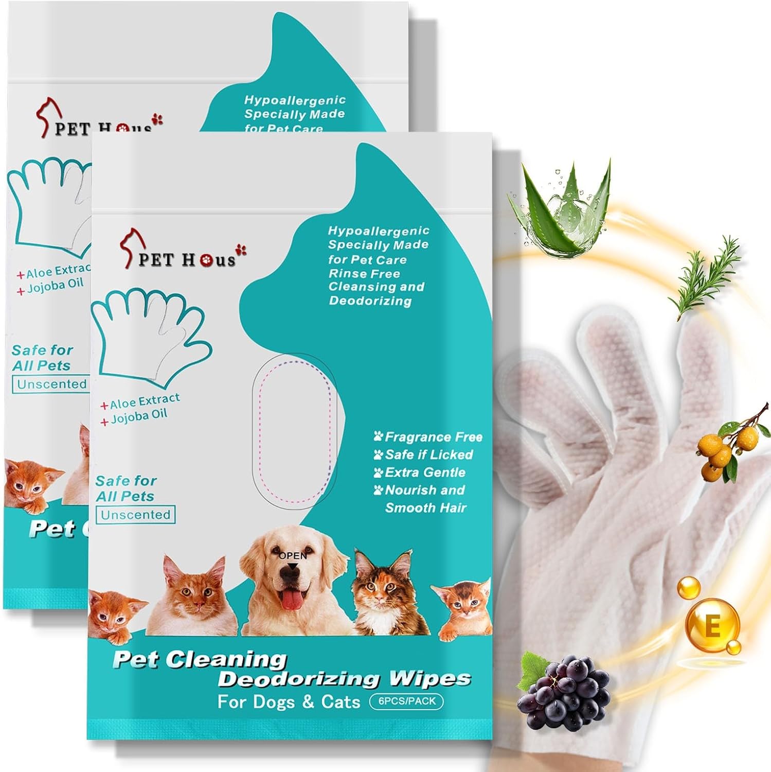 Dog Glove Wipes, Dog Wipes for Paws and Butt,Cleaning & Deodorizing, Grooming Glove Wipes for cat, Pet Cleaning Wipes, Gentle – Hypoallergenic, Daily Clean, Smooth Fur -6 PCS