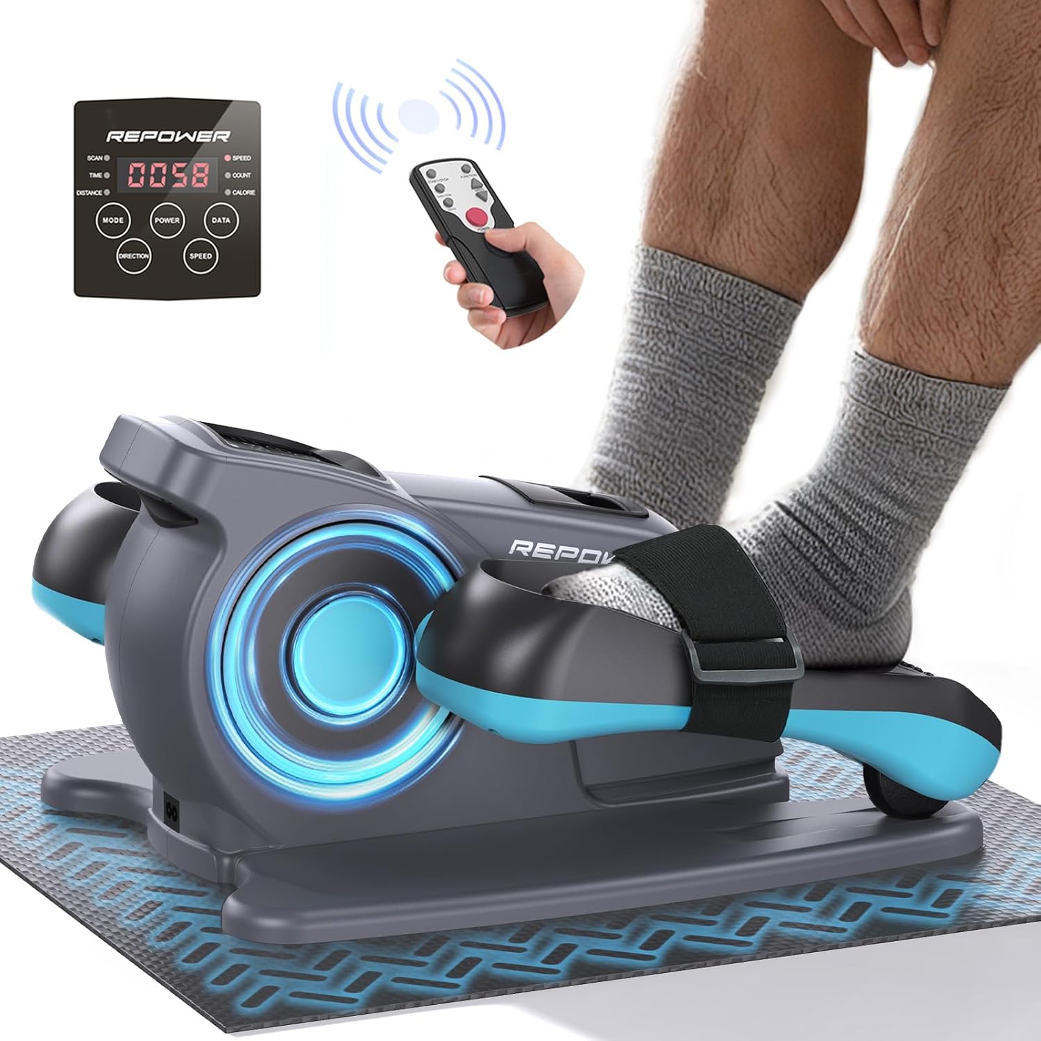 Under Desk Elliptical Machine, Electric Ellipse Leg Exerciser with Remote Control, Quiet & Fully Assembled Seated Pedal Exerciser with Adjustable Speed & Non-Slip Mat & Foot Straps Band