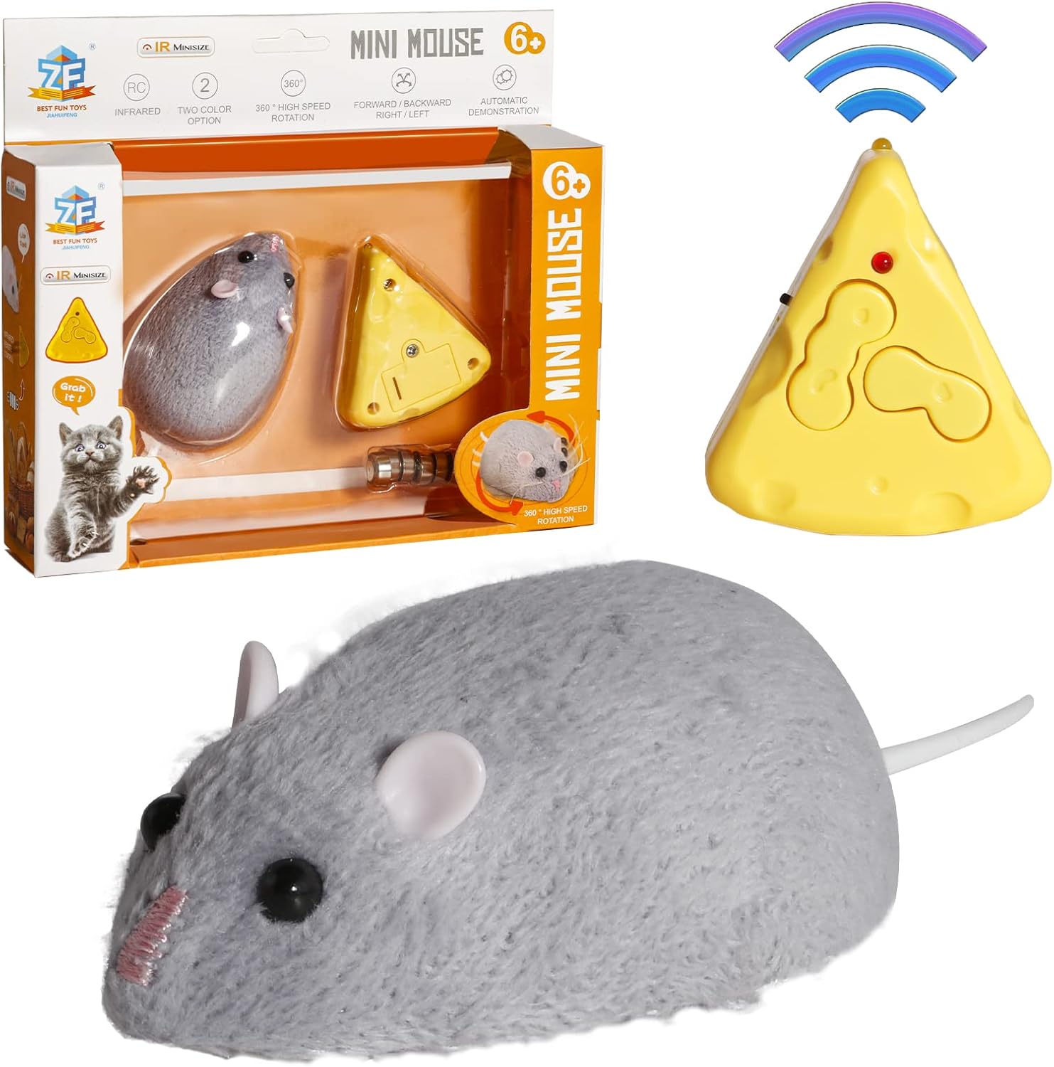 Giveme5 Mini Remote Control Rat Fake Mouse Prank Toy with Cheese Controller, Realistic Stuffed Animal Plush Mouse Interactive Cat Toys Halloween Trick Spooky Funny Toy for Cats Dogs Kids (Grey)