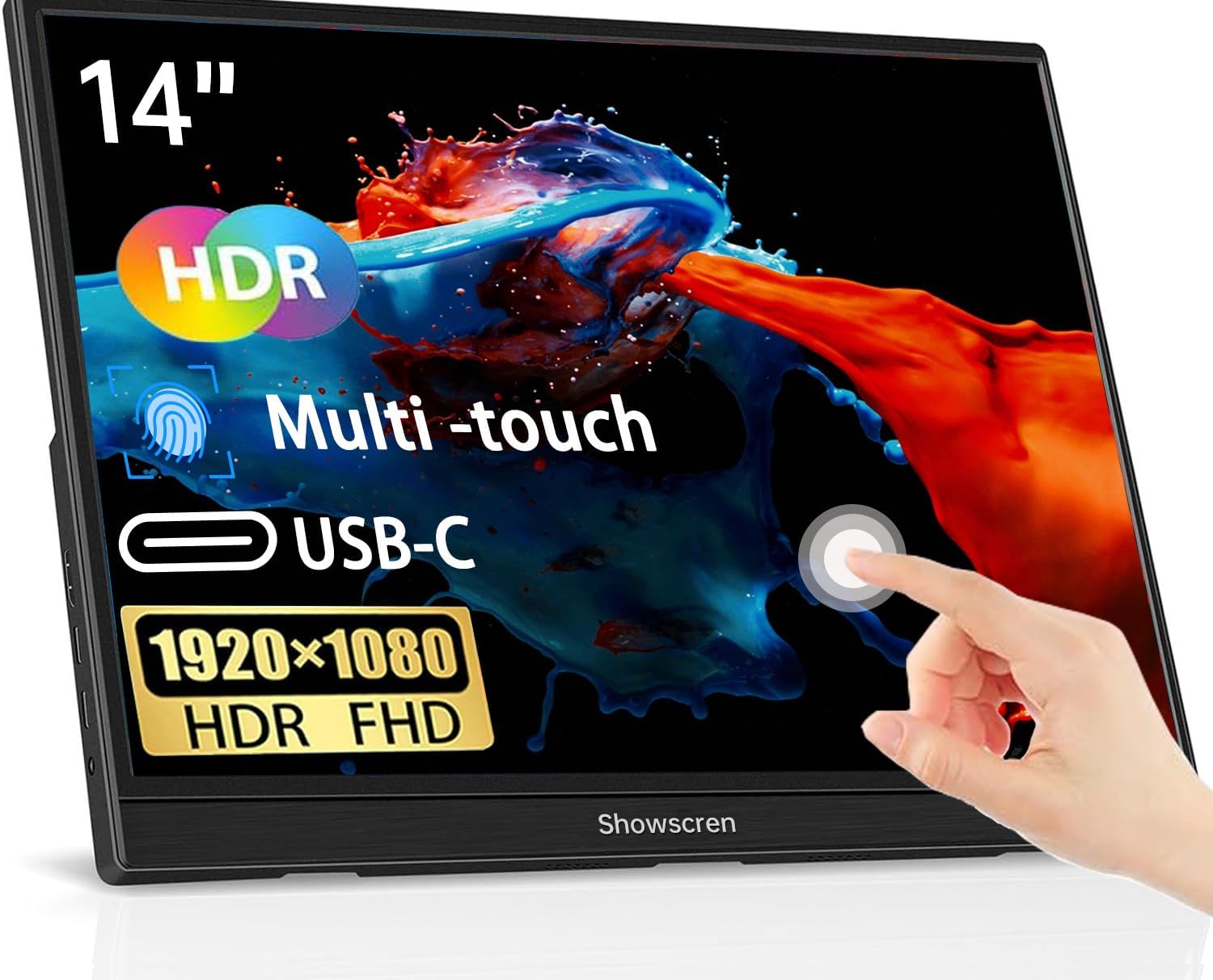 Portable Monitor 14 Inch Touchscreen Monitor, HDR IPS FHD 1920×1080 300cd/m² 10 Point Touch Display, USB C+HDMI+USB, Portable Screen for Laptop/PC/Mac/Xbox/PS4/5 Switch,Dual Speakers,VESA