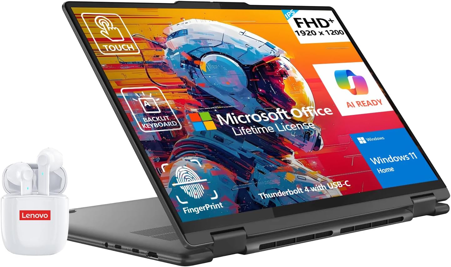 Lenovo Yoga 7i 2 in 1 Laptop Touchscreen|16″ FHD+ Foldable Touch Screen Convertible|Intel Core Ultra 5|16GB DDR5 512GB SSD|Copilot AI|Windows 11 Lifetime Office|10-Key Backlit Keyboard|Thunderbolt