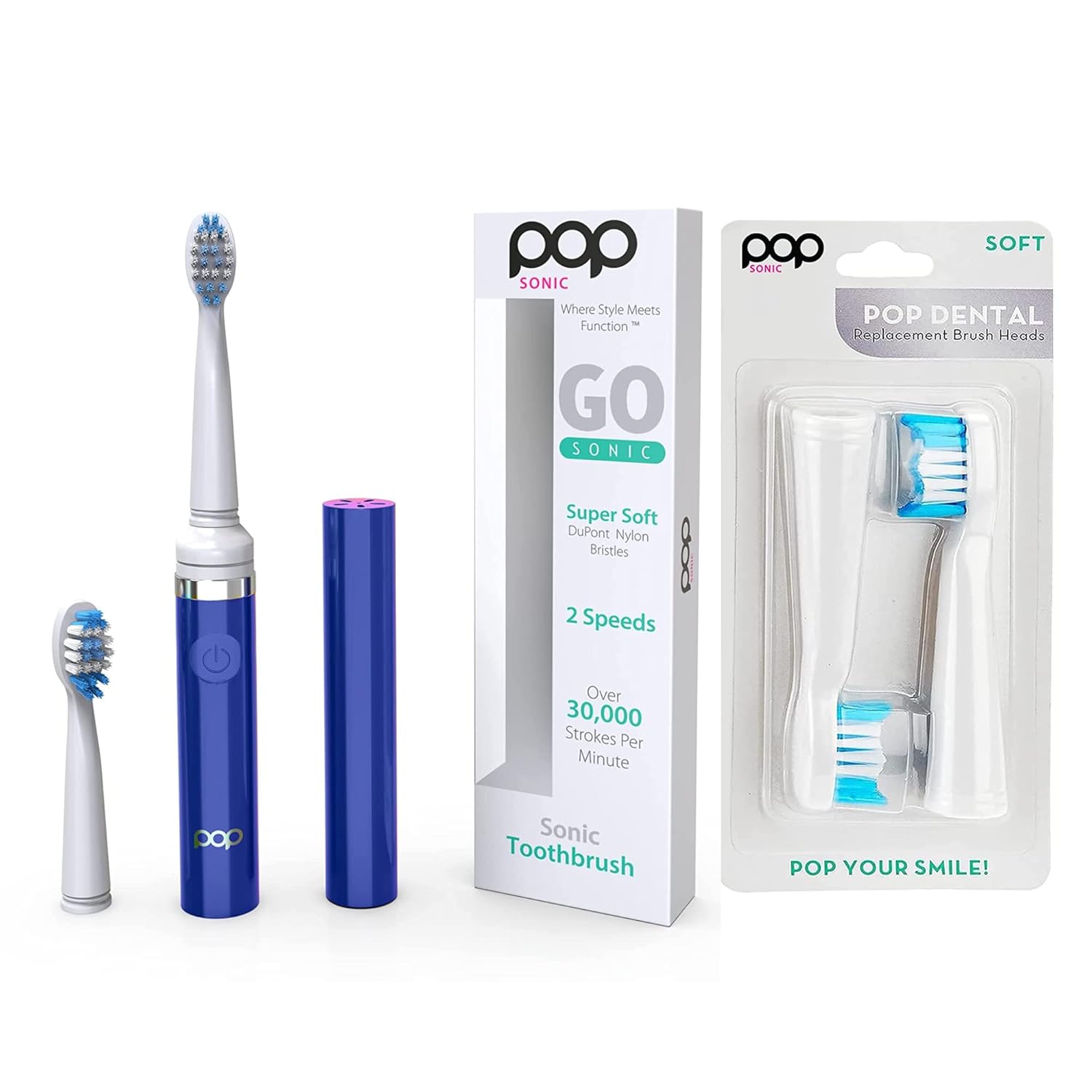 Pop Sonic Electric Toothbrush (Royal Blue) Bonus 2 Pack Replacement Heads- Travel Toothbrushes w/AAA Battery | Kids Electric Toothbrushes with 2 Speed & 15,000-30,000 Strokes/Minute