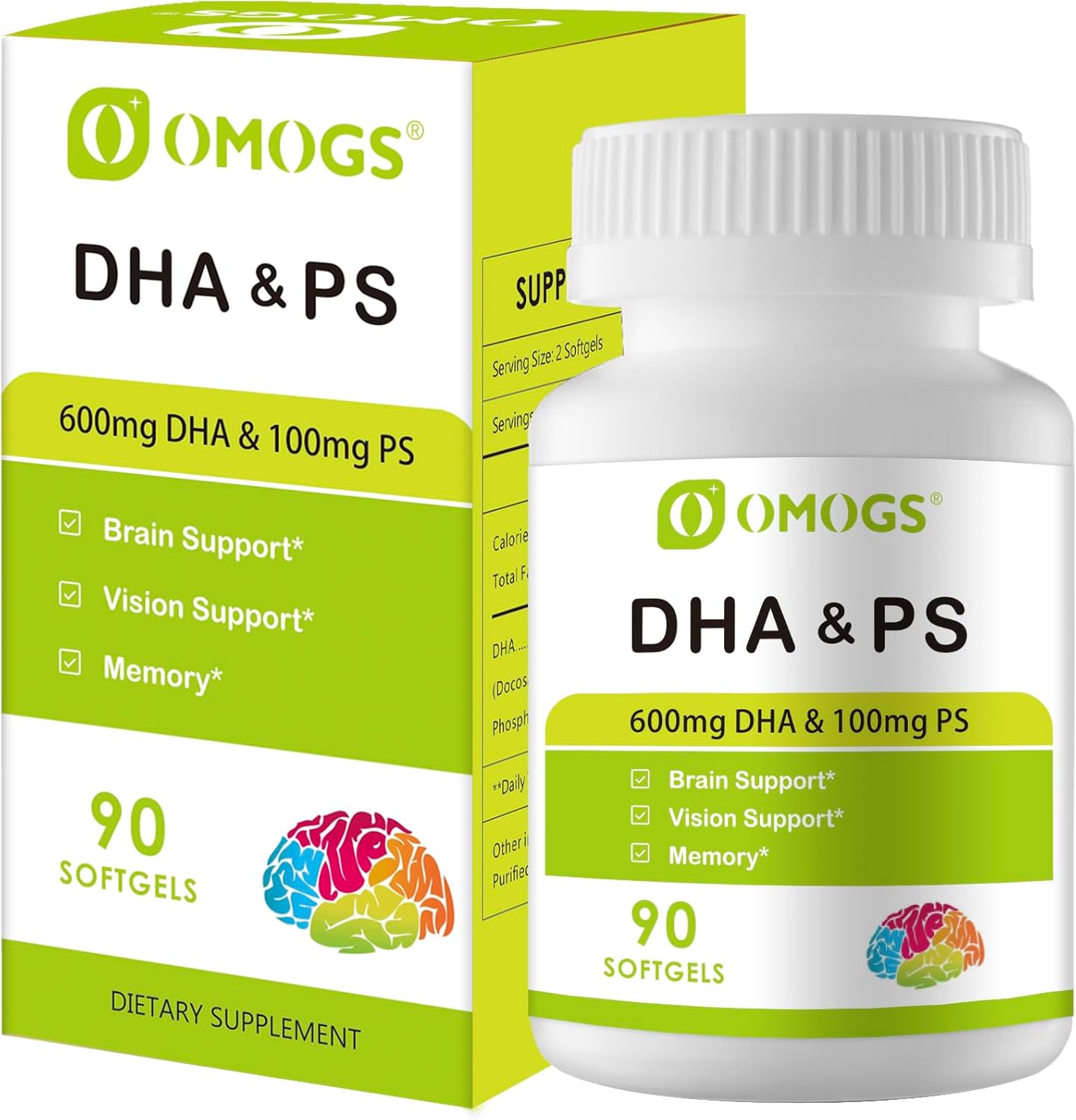 Algae DHA – 600 mg Omega-3 DHA Softgels, with Phosphatidylserine & Walnut Oil, Supports Healthy Brain Function, Vision, Eye & Memory, Gluten Free, Non-GMO Vegan Algae Oil, 90 Softgels