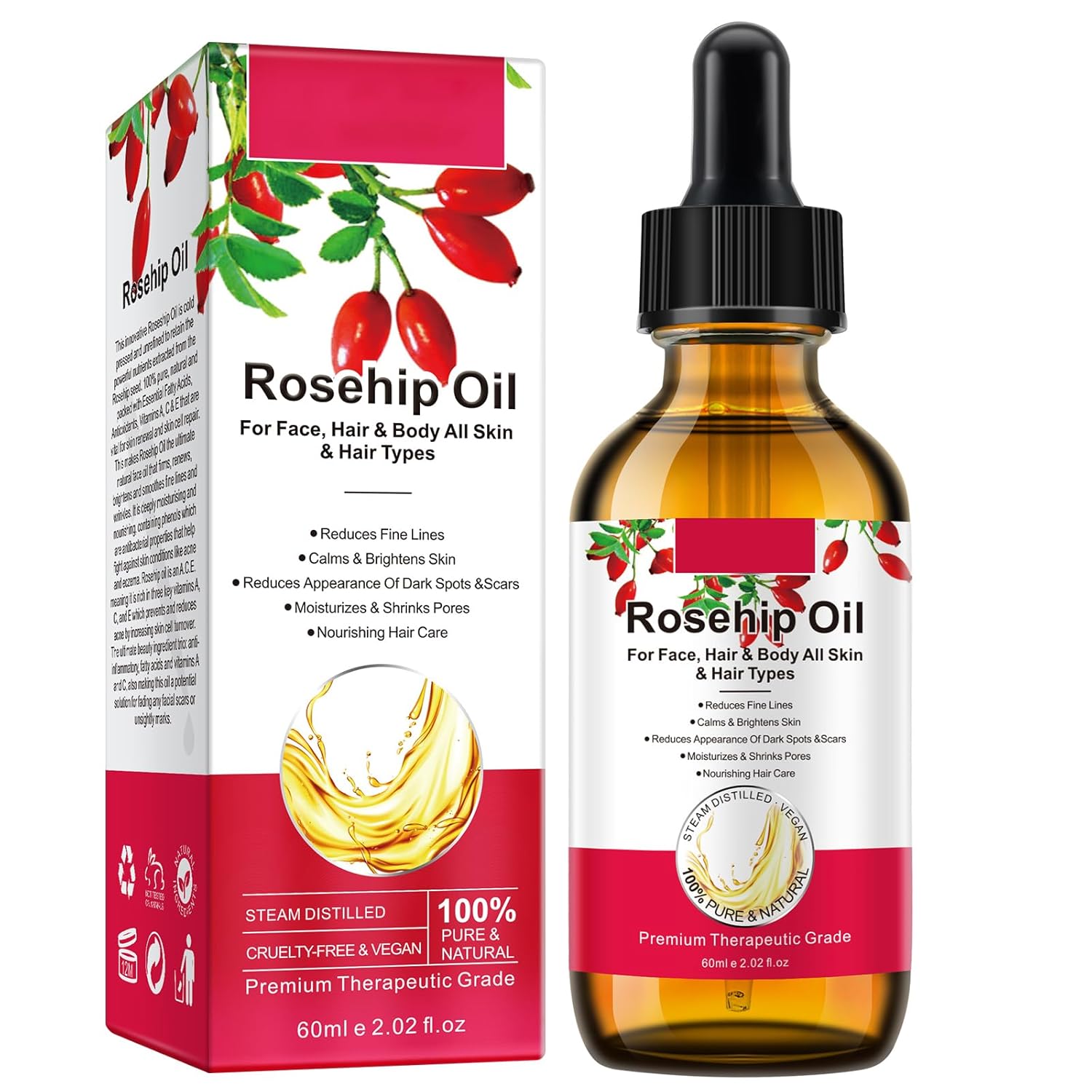 Rosehip Oil for Face and Skin, 2Fl oz Organic Rosehip Essential Oil，Rose Hip Seed Oil Moisturizer Face, Hair, Nails and Body