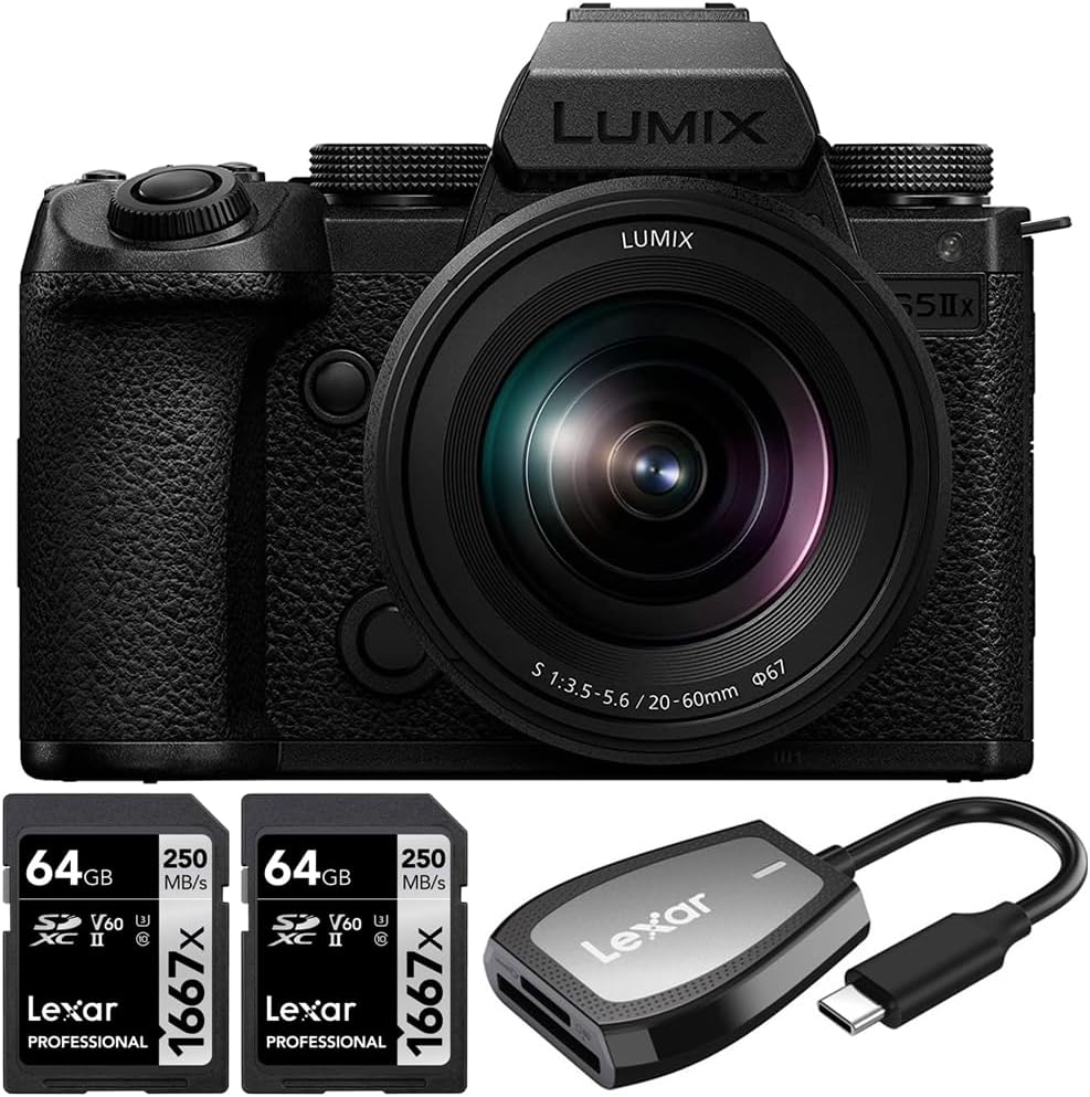 Panasonic DC-S5M2XKK Lumix S5IIX Full-Frame Mirrorless Camera with 20-60mm f/3.5-5.6 Lens Bundle with 2X Lexar Professional 1667x 64GB SDXC UHS-II Memory Card and Lexar Pro USB-C Dual-Slot Reader