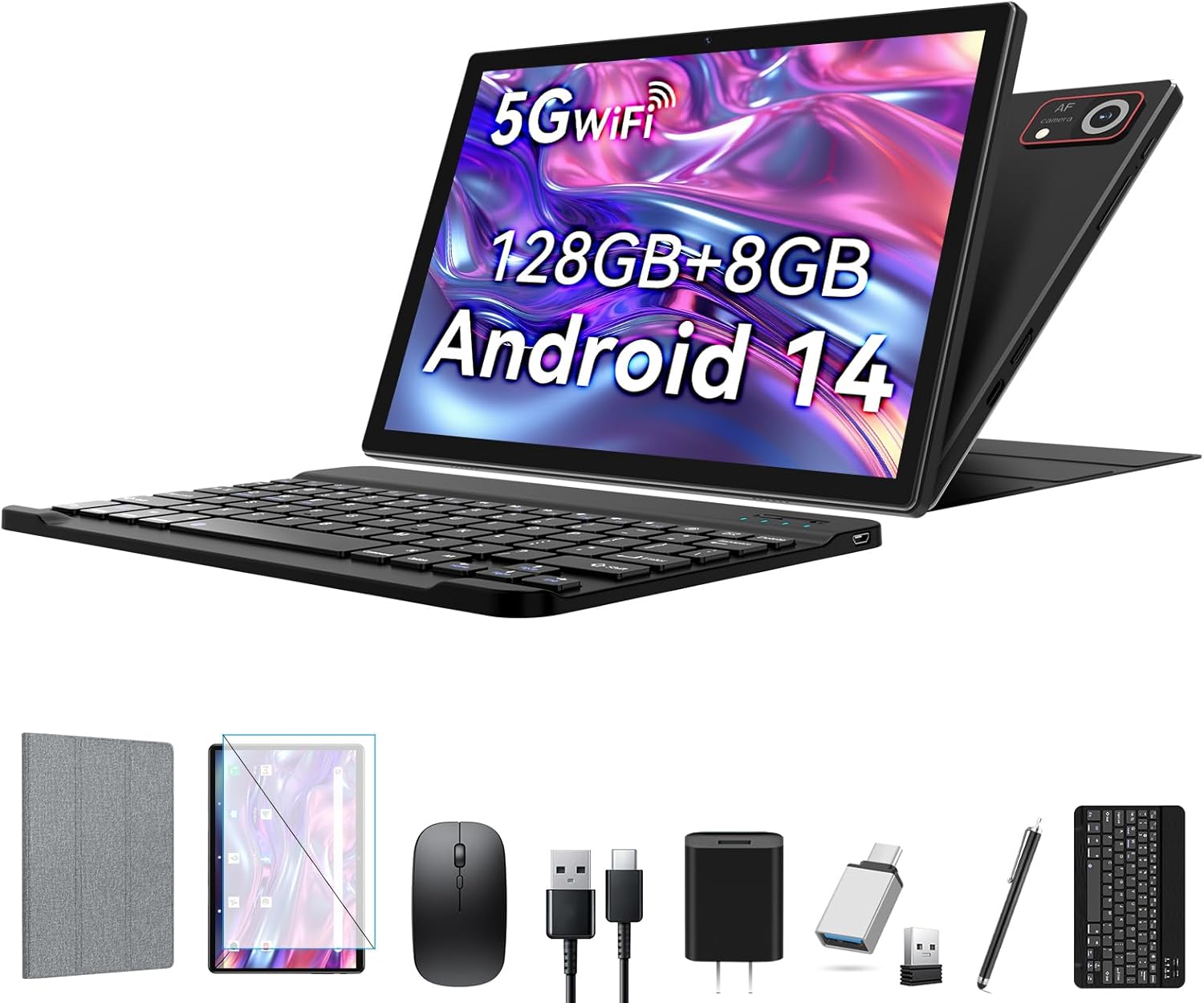 Newest 2025 Android 14 Tablet with Keyboard, 8(4+4)GB+128GB+1TB Expand, 10.1 Inch Octa-Core 2-in-1 Tablets with HD IPS Display, 5G WiFi| , 6000 mAh Battery, Split Screen, Face Unlock, Mouse, Case, GPS