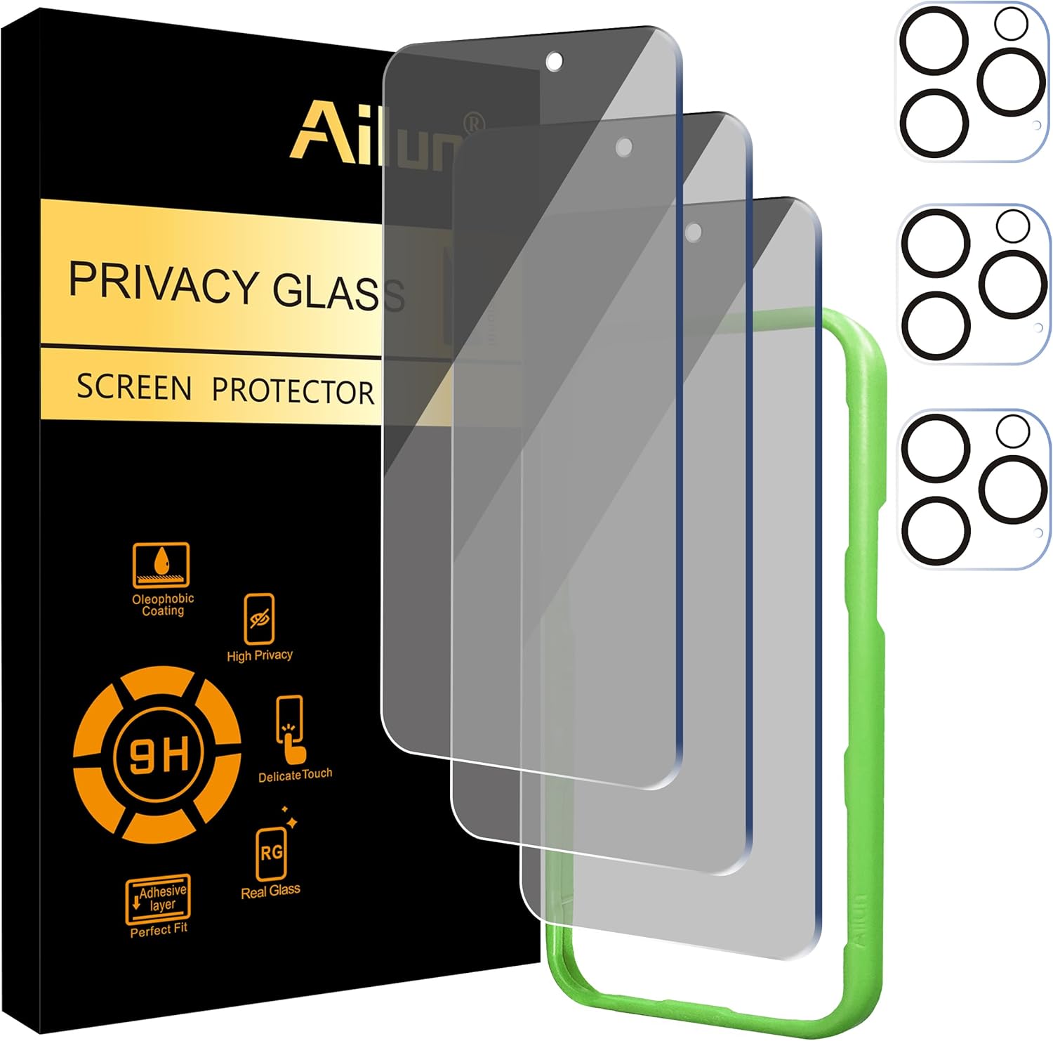 Ailun 3Pack Privacy Screen Protector for iPhone 16 Pro [6.3 inch]+3Pack Camera Lens Protector,Dynamic Island Compatible,Anti Spy Tempered Glass[9H Hardness]- HD[6 Pack]