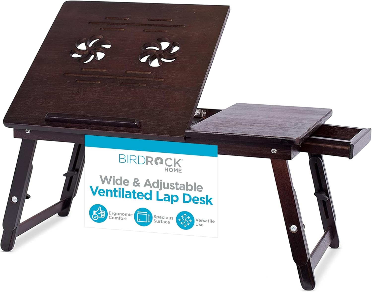 Multi Tasking & Ventilated Lap Desk | Folding & Standing Adjustable Wooden Laptop Bed Tray – Table w/Legs | Magnetic Pullout Drawer & Charger Storage | Fits Laptops Up to 15″ | Walnut