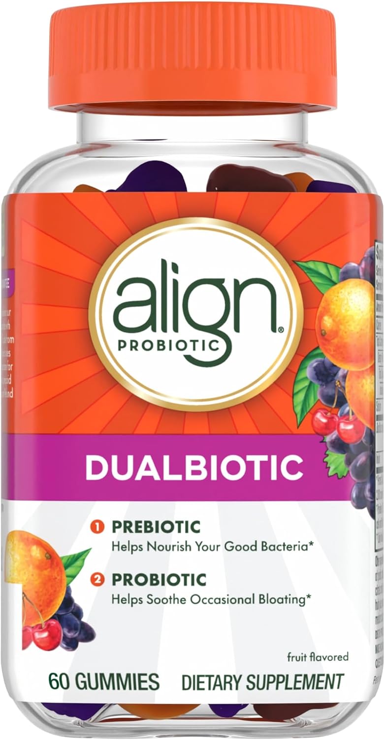 Align DualBiotic, Prebiotic + Probiotic for Women and Men, Help Nourish and Add Good Bacteria for Digestive Support, Natural Fruit Flavors, 60 Gummies