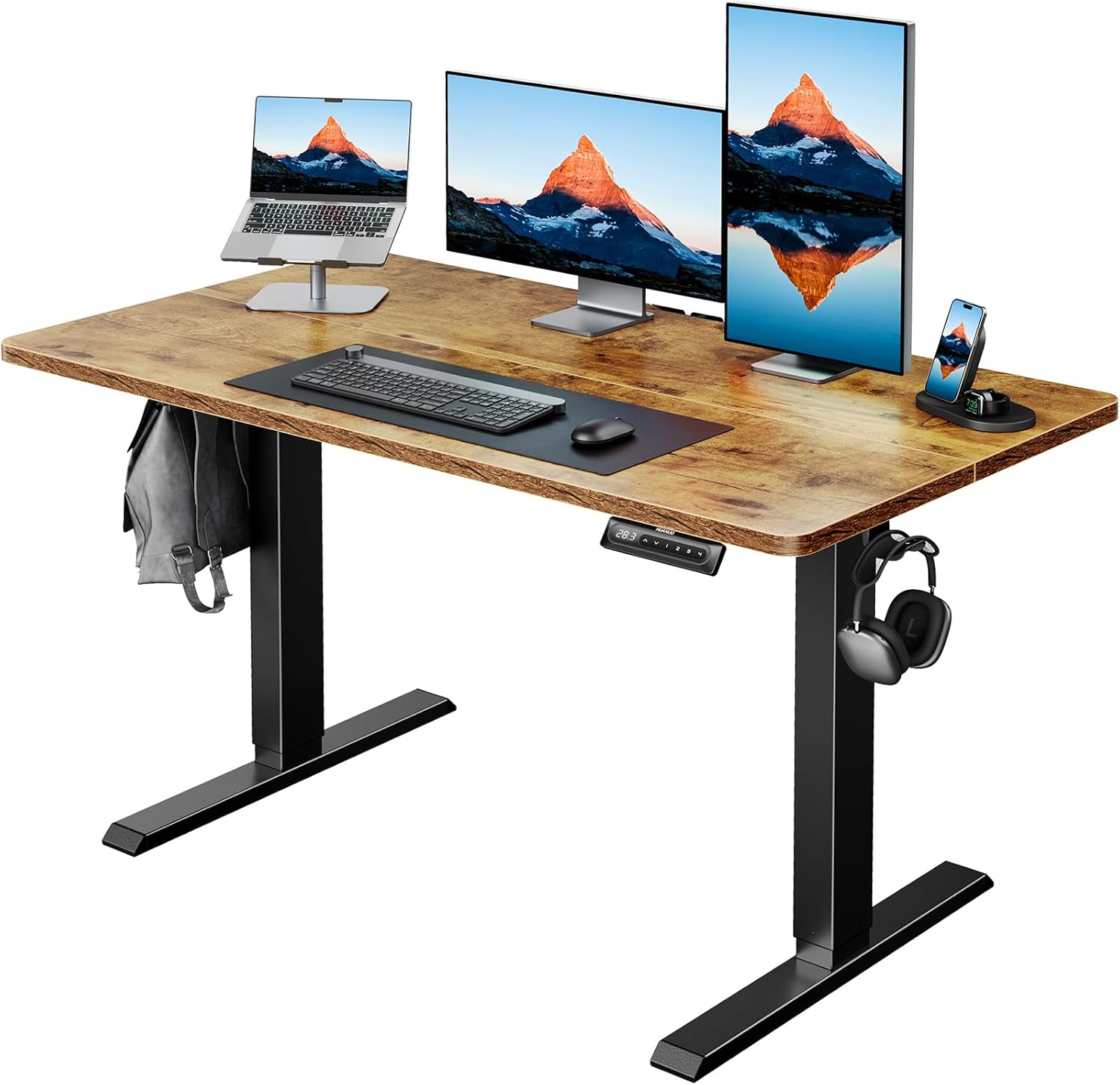 HUANUO 48″ x 24″ Electric Standing Desk Adjustable Height, 4 Memory Height Settings, Headphone Hook, Cable Manager, Sit Stand Up Desk for Home Office & Computer Workstation, Vintage Brown