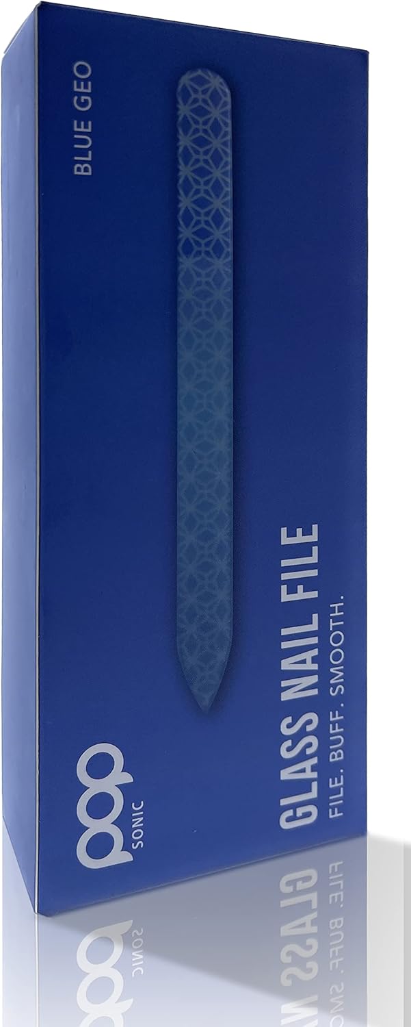 Pop Sonic Double-Sided Glass Nail File | Fingernail Files for Shaping & Smoothing Nails | High-Quality Tempered Glass | Strong, Wear-Resistant Nail Filer Glass w/Protective Carrying Case (Blue Geo)