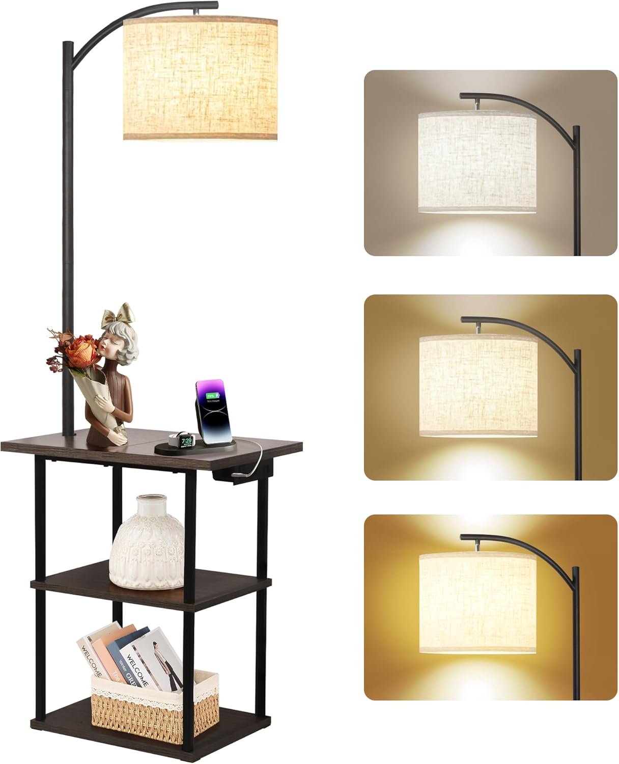 PESRAE Floor Lamp with Table, End Table with Charging Station(USB & Type-C & AC Port), 3 Color Temperatures 9W LED Bulb, Modern Shelves Side Table for Bedroom, Living Room