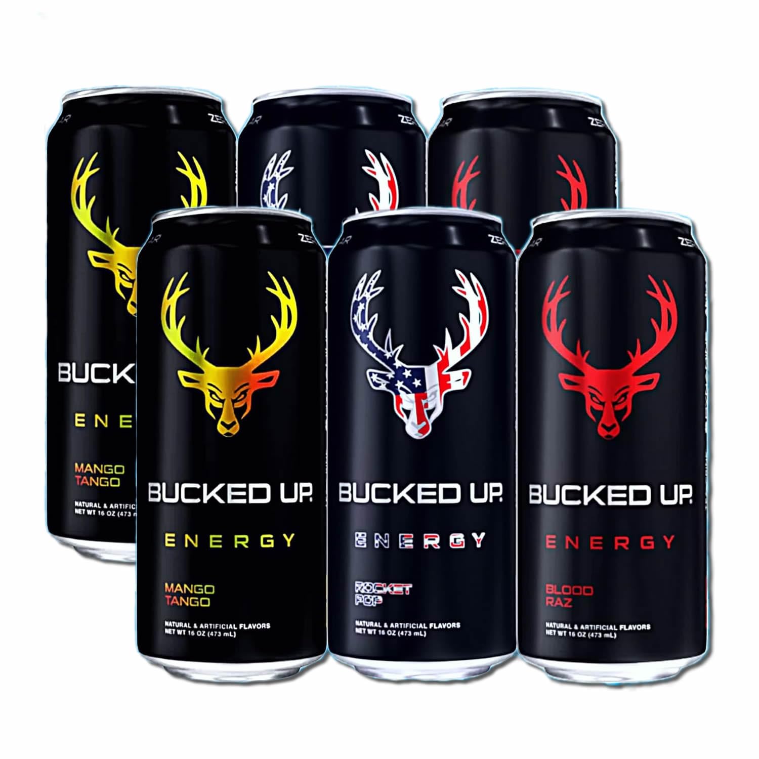 Bucked Up Energy Drink | Assortment of Rocket Pop, Mango Tango and Blood Raz in 16 Fl oz Cans | 300mg caffeine, Zero sugar, Ready to Drink, Standard Can Size