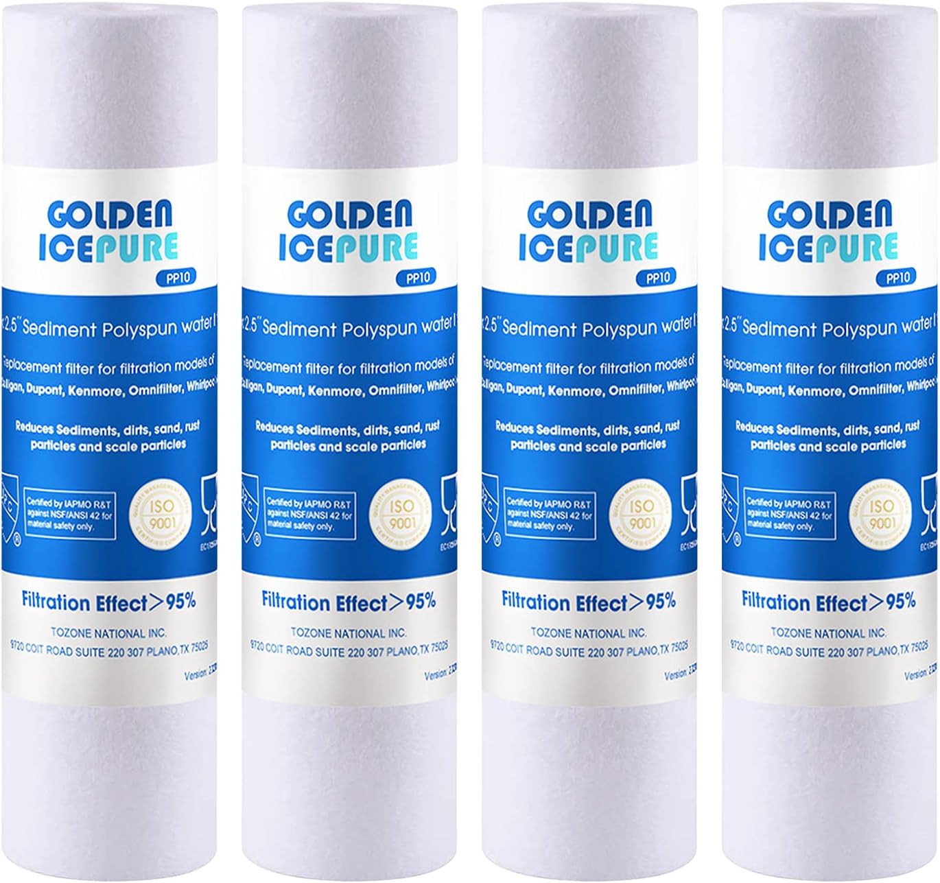 GOLDEN ICEPURE 5 Micron 10″ x 2.5″ Whole house Sediment Water Filter Replacement for WHKF-GD05, Aqua-Pure AP110, Culligan P5, DuPont WFPFC5002, CFS110, RS14 10 inch RO System Unit 4PACK