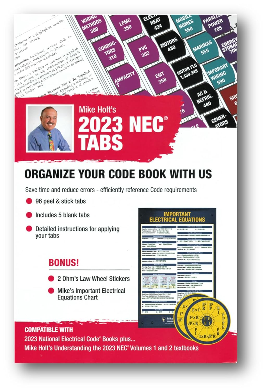 Mike Holt’s Electrical Code Tabs, based on the 2023 NEC (with 96 tabs and 2 Ohms Law Wheel Stickers)