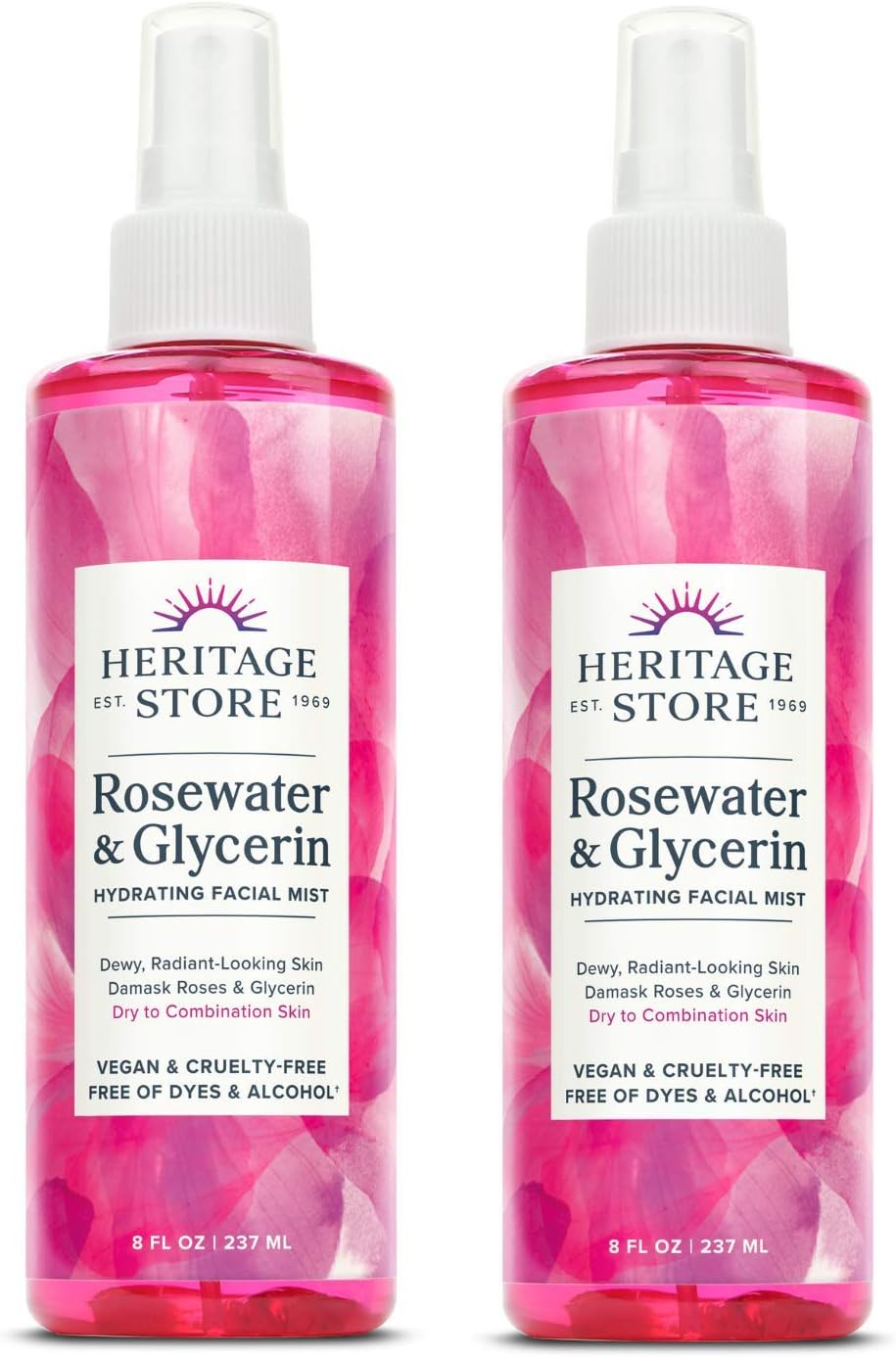 Heritage Store Rosewater & Glycerin 2-pack, Hydrating Facial Mist for Dry Combination Skin Care, Rose Water Spray for Face with Vegetable Glycerine, Made Without Dyes or Alcohol, Vegan, 8oz each