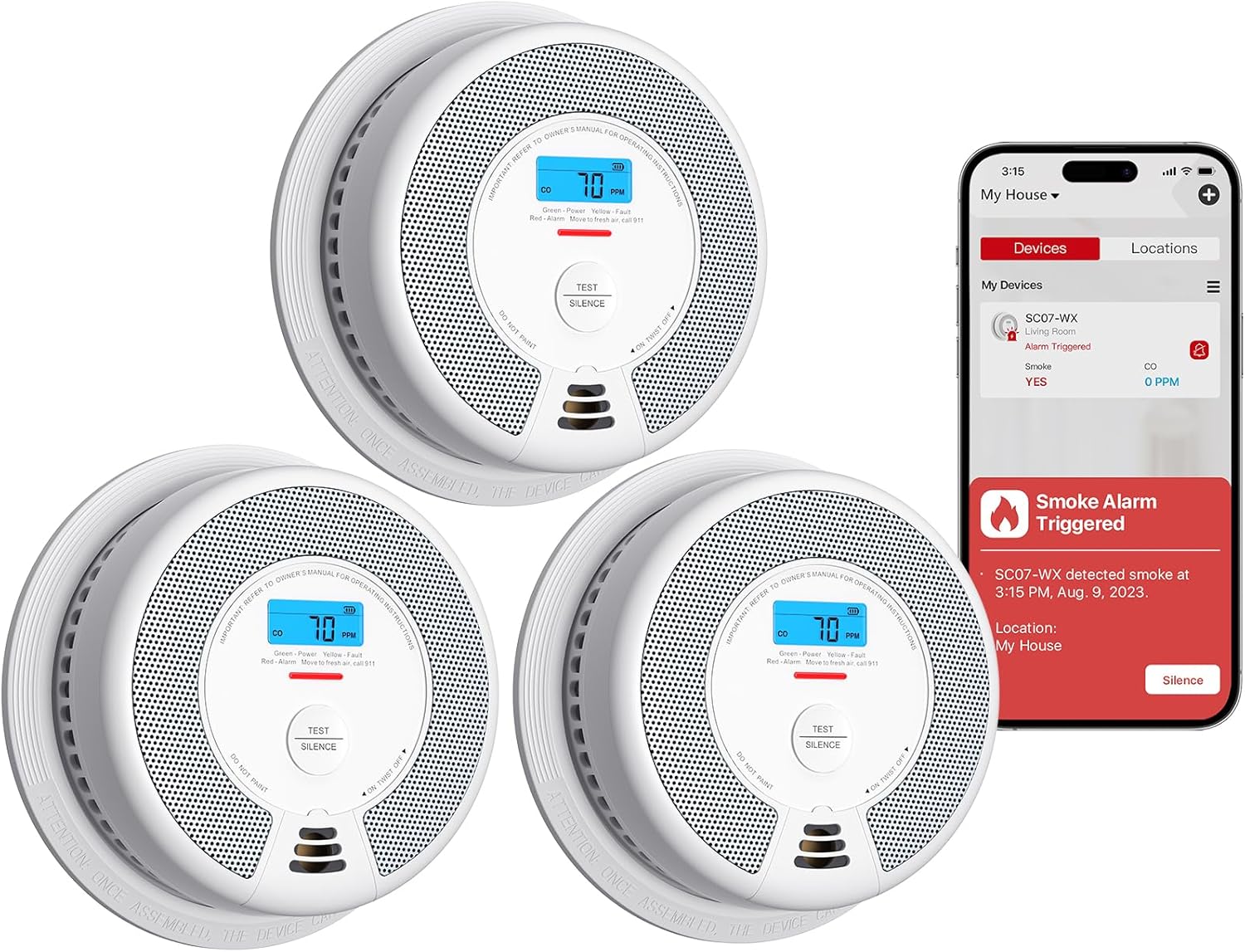 X-Sense Smart Smoke Detector Carbon Monoxide Detector Combo with Replaceable Battery, Wi-Fi Smoke and Carbon Monoxide Detector with Real-Time App Notifications, SC07-WX, 3-Pack