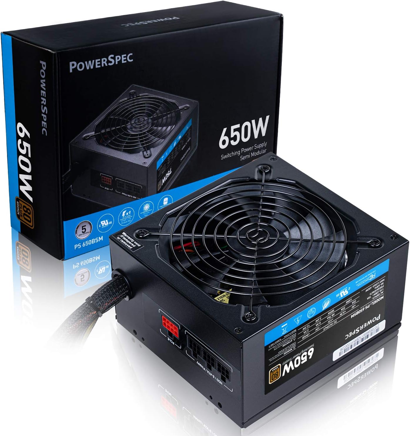 PowerSpec 650W Power Supply Semi Modular 80 Plus Bronze Certified ATX PSU Active PFC SLI Crossfire Ready Gaming PC Computer Power Supplies, PS 650BSM