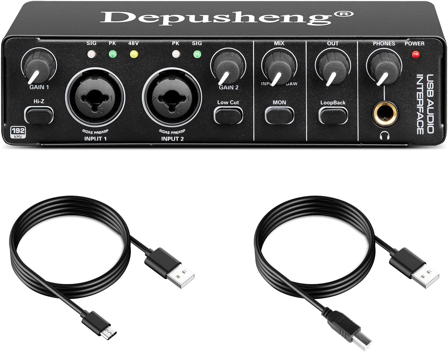 Depusheng RX2 usb audio interface computer recording sound card, home studio audio interface, can connect 48V condenser microphone, guitar recording