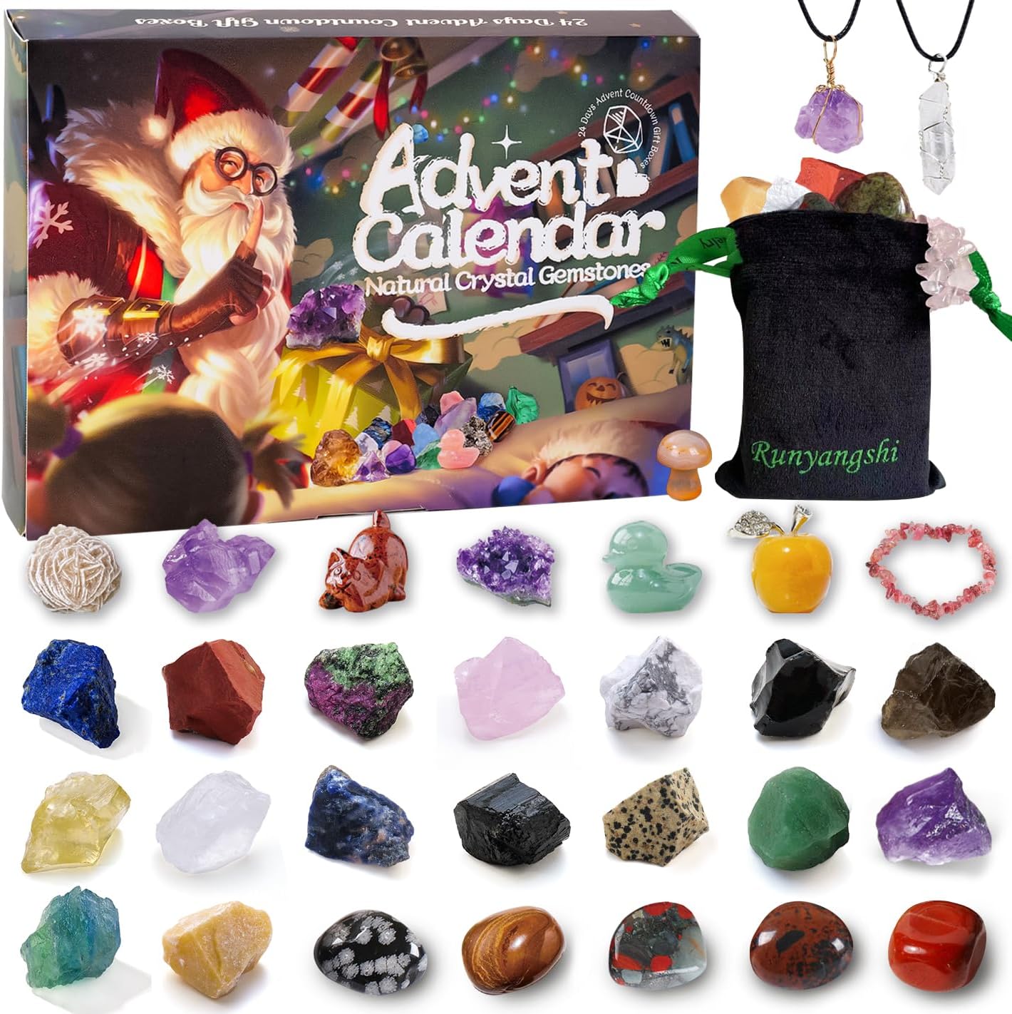 Advent Calendar 2024 for kids Crystal Gemstones Christmas Mystery Box 24 Days of Christmas Countdown Calendar Surprise Gift Natural Crystal Rocks Collection Crystals Christmas Gift for Teen Adults