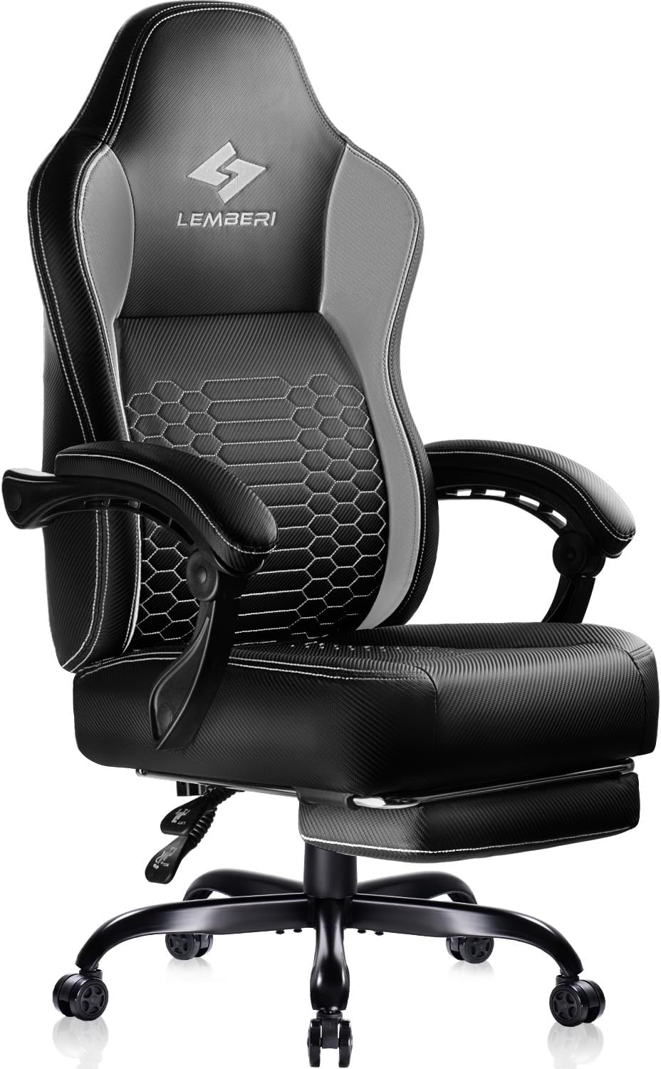 LEMBERI Big and Tall Gaming Chair 400lb Weight Capacity,Gamer Chairs for Adults,Video Game Chair wth Footrest,Racing Style Computer Gamer Chair with Headrest and Lumbar Support (Gray)