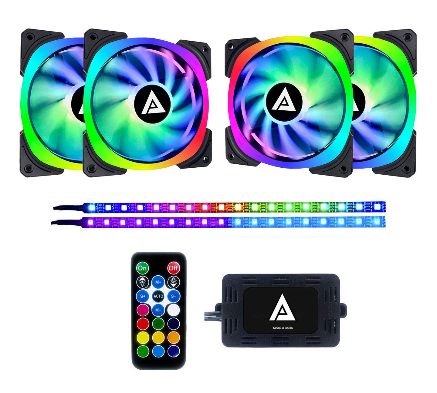 Apevia LP412L2S-RGB Lunar Pro 120mm Silent Dual-Ring RGB Color Changing LED Fan with Remote Control, 28x LEDs & 8X Anti-Vibration Rubber Pads w/ 2 Magnetic LED Strips (4+2-pk)