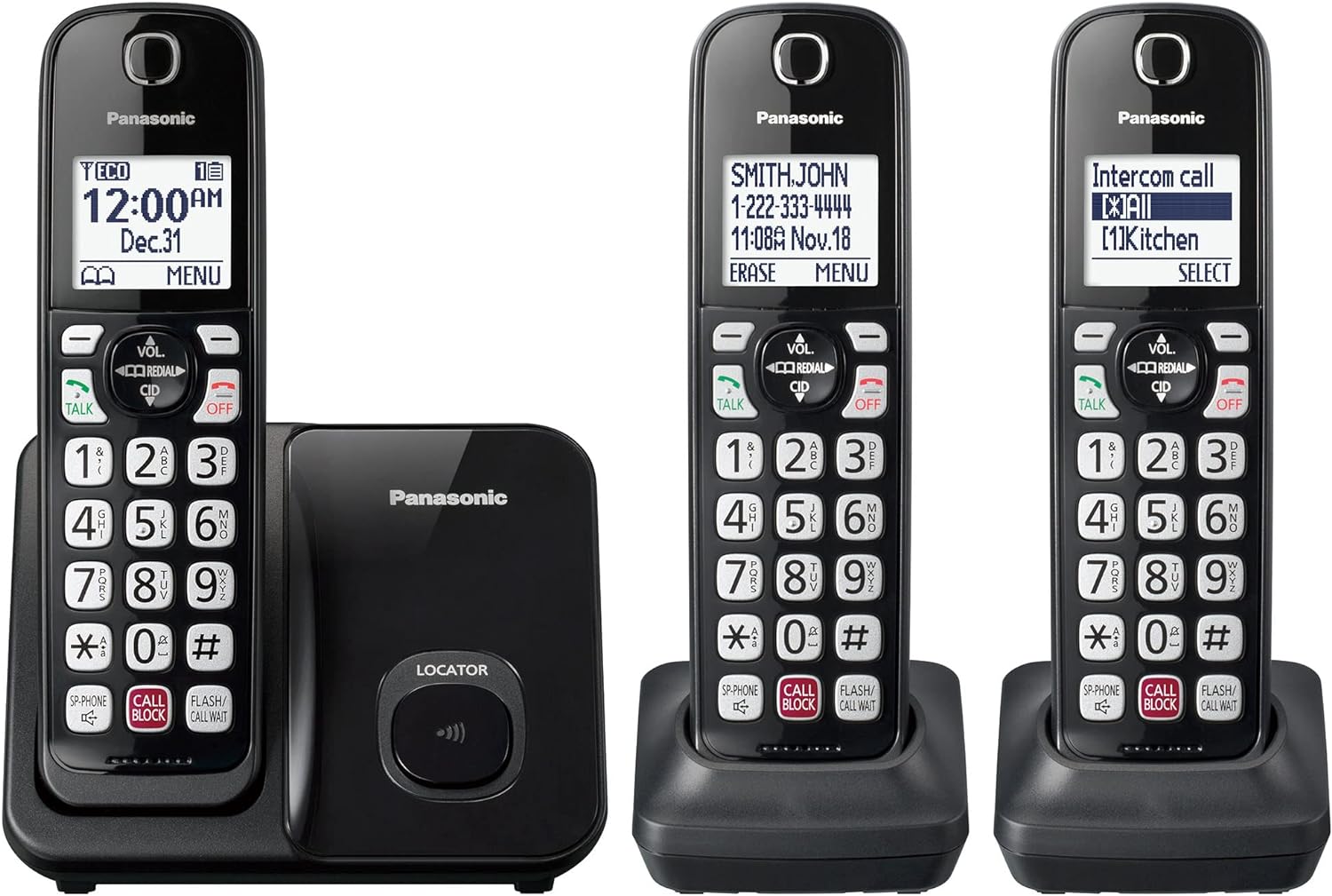 Panasonic Cordless Phone with Advanced Call Block, Bilingual Caller ID and Easy to Read Large High-Contrast Display, Expandable System with 3 Handsets – KX-TGD813B (Black)