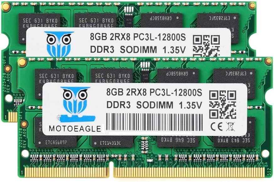 8GB DDR3 DDR3L-1600 SODIMM, 16GB Kit (2x8GB) PC3L-12800S RAM 1600 Mhz, Motoeagle 2RX8 1.35V Dual Rank Module Chips Upgrade for Laptop