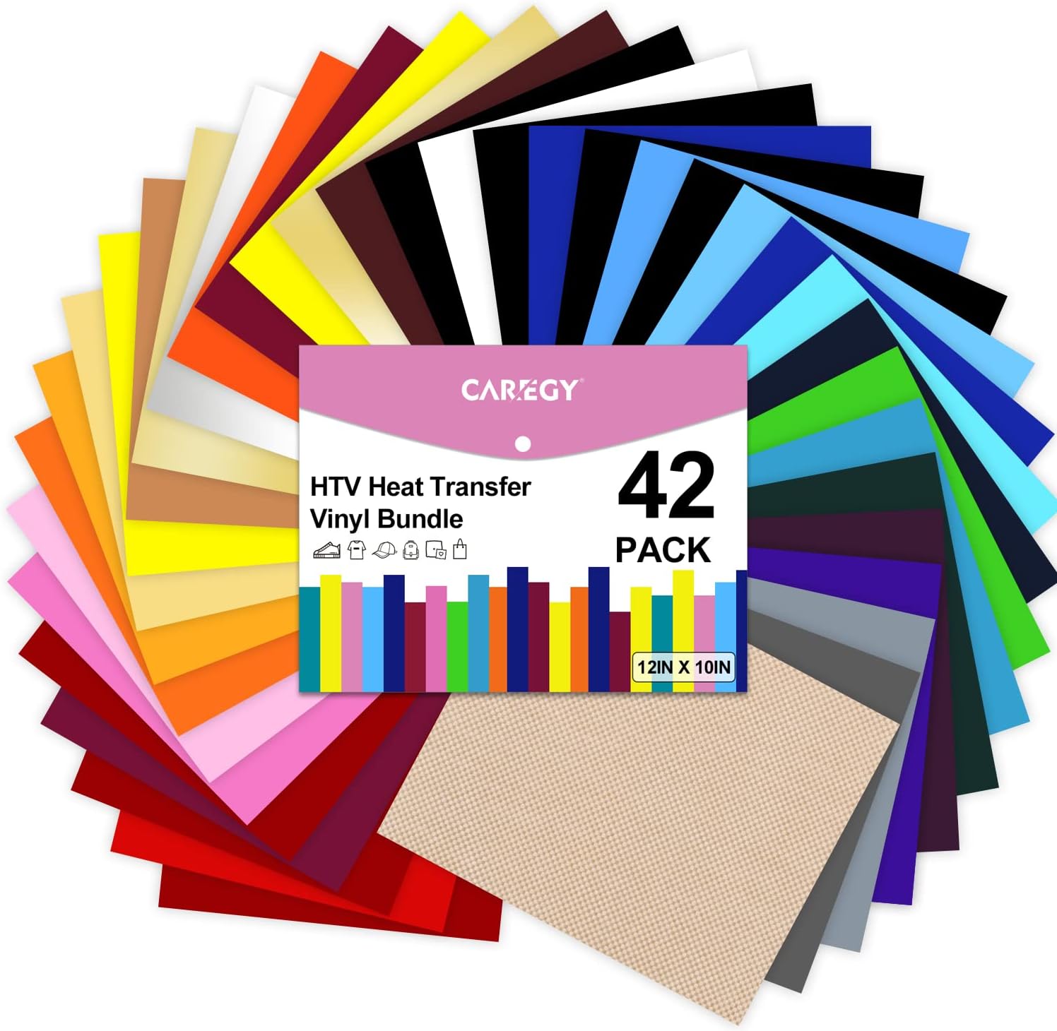 CAREGY HTV Heat Transfer Vinyl Bundle: 42 Pack 12″ x 10″ Sheets Iron on Vinyl, 30 Assorted Colors, Heat Transfer Vinyl for DIY T-Shirt