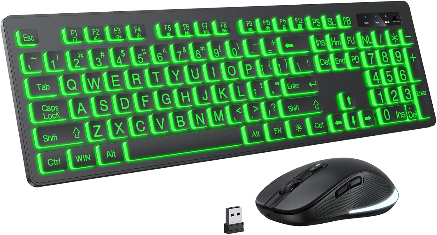 Large Print Wireless Keyboard and Mouse – 7 Colors Backlit Keyboard, Oversize Letters Keys Easy to See and Type, Rechargeable Keyboard and Mouse with Light Up Key, Compatible for PC, Windows, Gaming