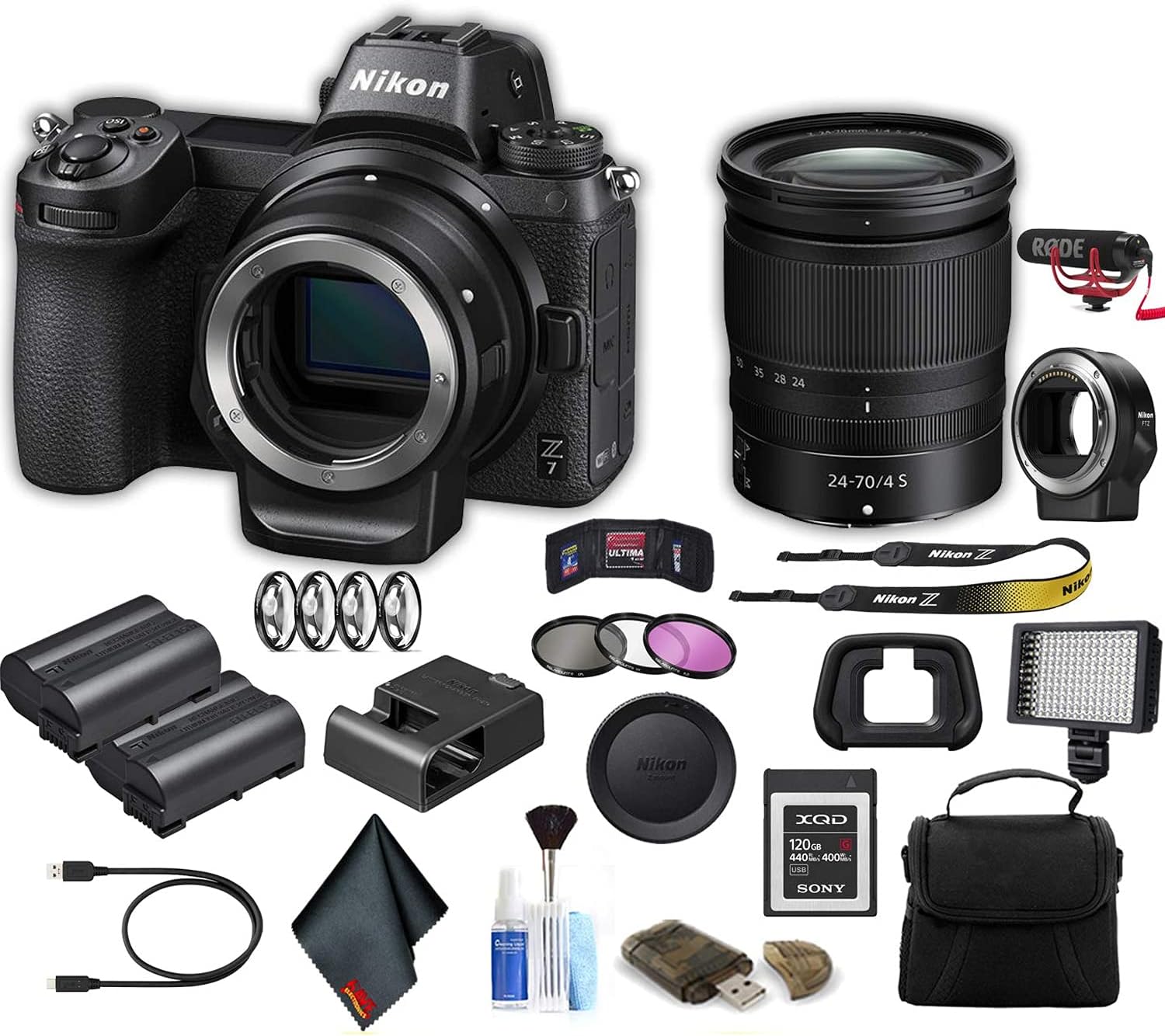 Nikon Z7 Mirrorless Digital Camera with 24-70mm Lens and FTZ Adapter Kit (FTZKIT) Advanced Bundle with Bag, Extra Battery, LED Light, Mic, Filters and More- (International Model) (Renewed)