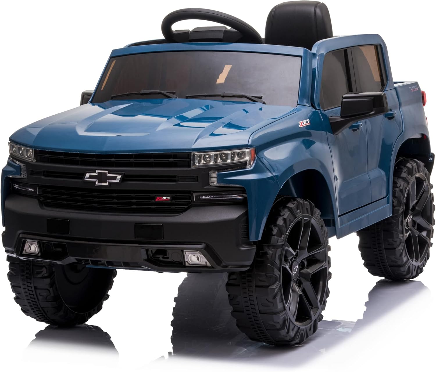 Kidzone 12V Battery Powered Licensed Chevrolet Silverado Trail Boss LT Kids Ride On Truck Car Electric Vehicle Jeep with Remote Control, MP3, LED Lights – Blue