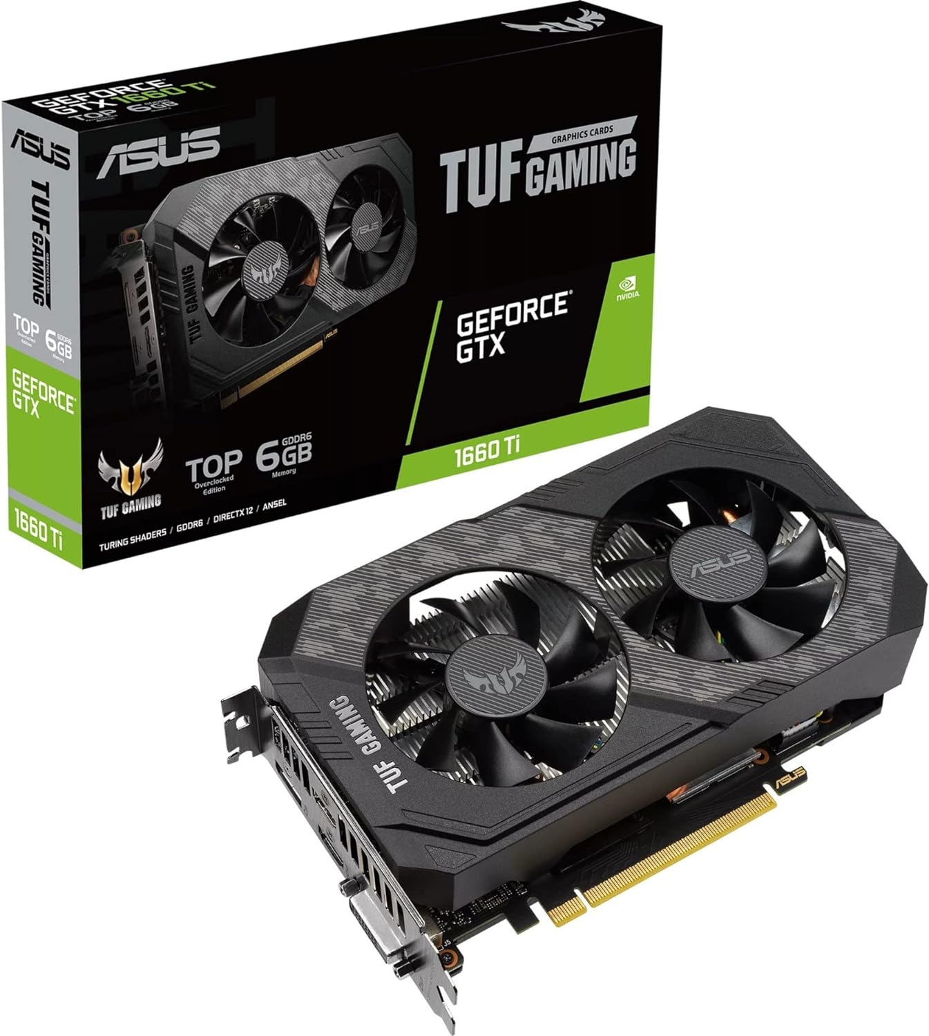 ASUS TUF Gaming NVIDIA GeForce GTX 1660 Ti EVO TOP Edition Graphics Card (PCIe 3.0, 6GB GDDR6, 14Gbps Memory Speed, HDMI 2.0b, DisplayPort 1.4, Space-grade Lubricant, Compact Design, GPU Tweak II)