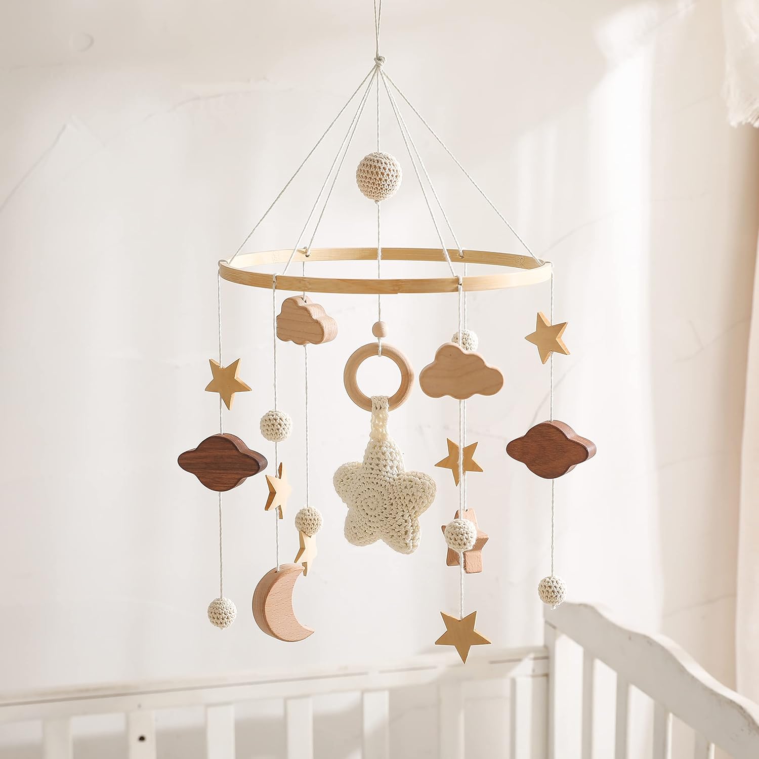 Baby Crib Mobile for Boys Girls| Boho Nursery Mobile| Gender Neutral Hand-Crocheted Mobile| Ceiling Mobile – Stars, Clouds, Moon