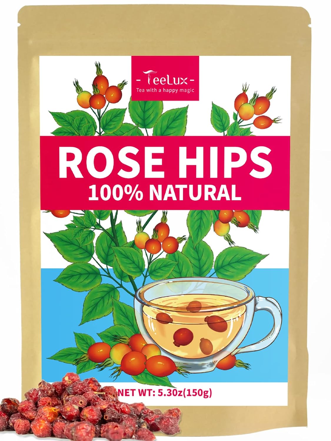 TeeLux Rose Hips Tea, Premium Rosehip Herbal Tea, Dried Whole Rose Hips, Fruity Flavor and Aroma, 150g/5.3oz