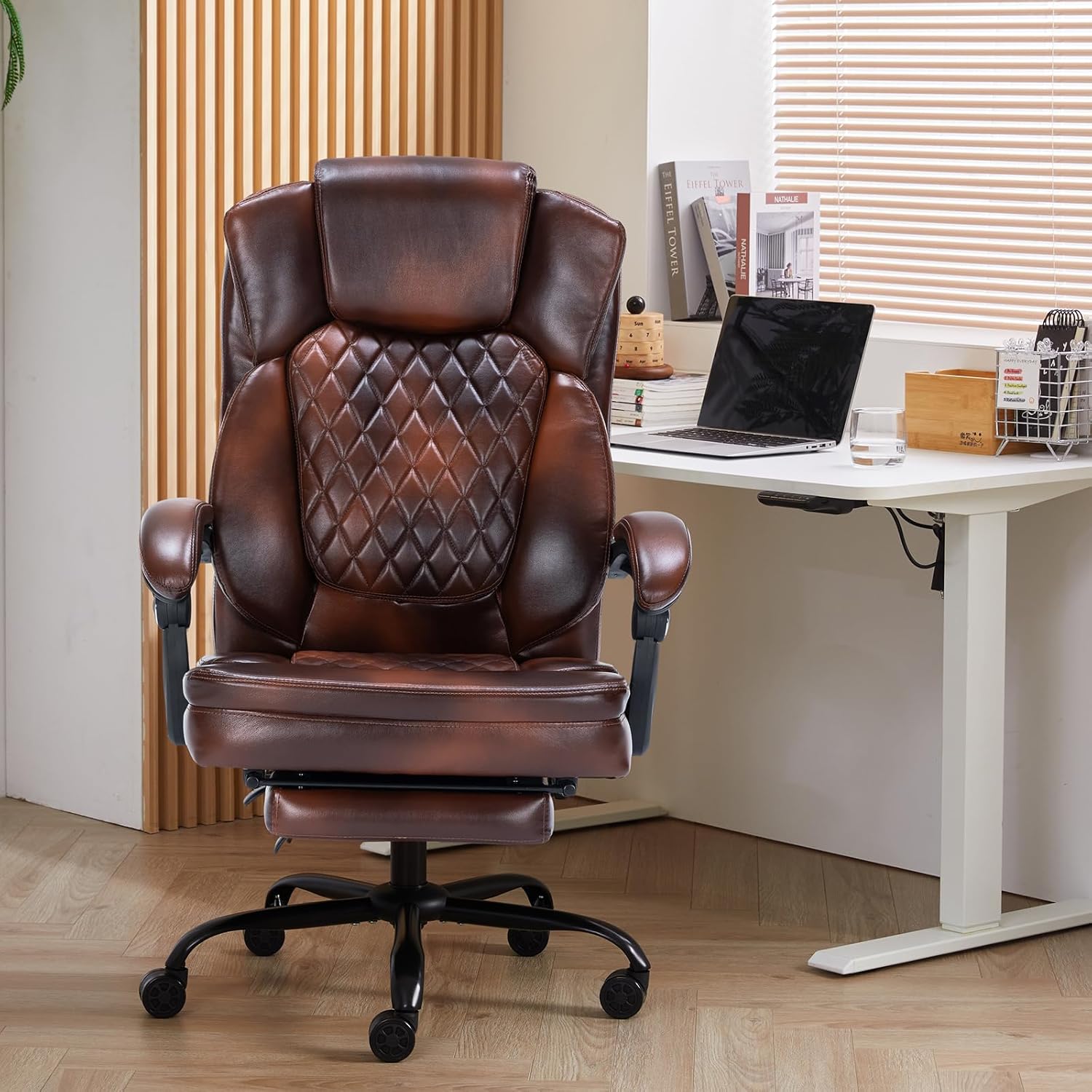 Ergonomic Office Chair with Foot Rest, Executive Chair with Footrest PU Leather Computer Chair, Big and Tall Chair Reclining Desk Chair, Thick Padded Coil Spring Seat, 400 lbs Capacity (Brown)