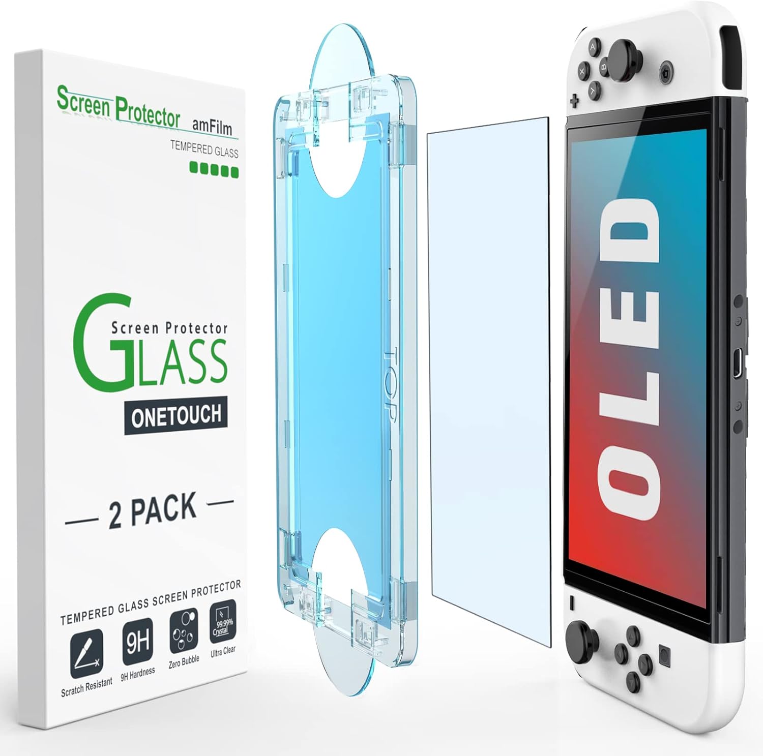 amFilm OneTouch Screen Protector Designed for Nintendo Switch OLED model 2021 – With Auto Alignment Kit, Bubble Free, Glass, 2 Pack