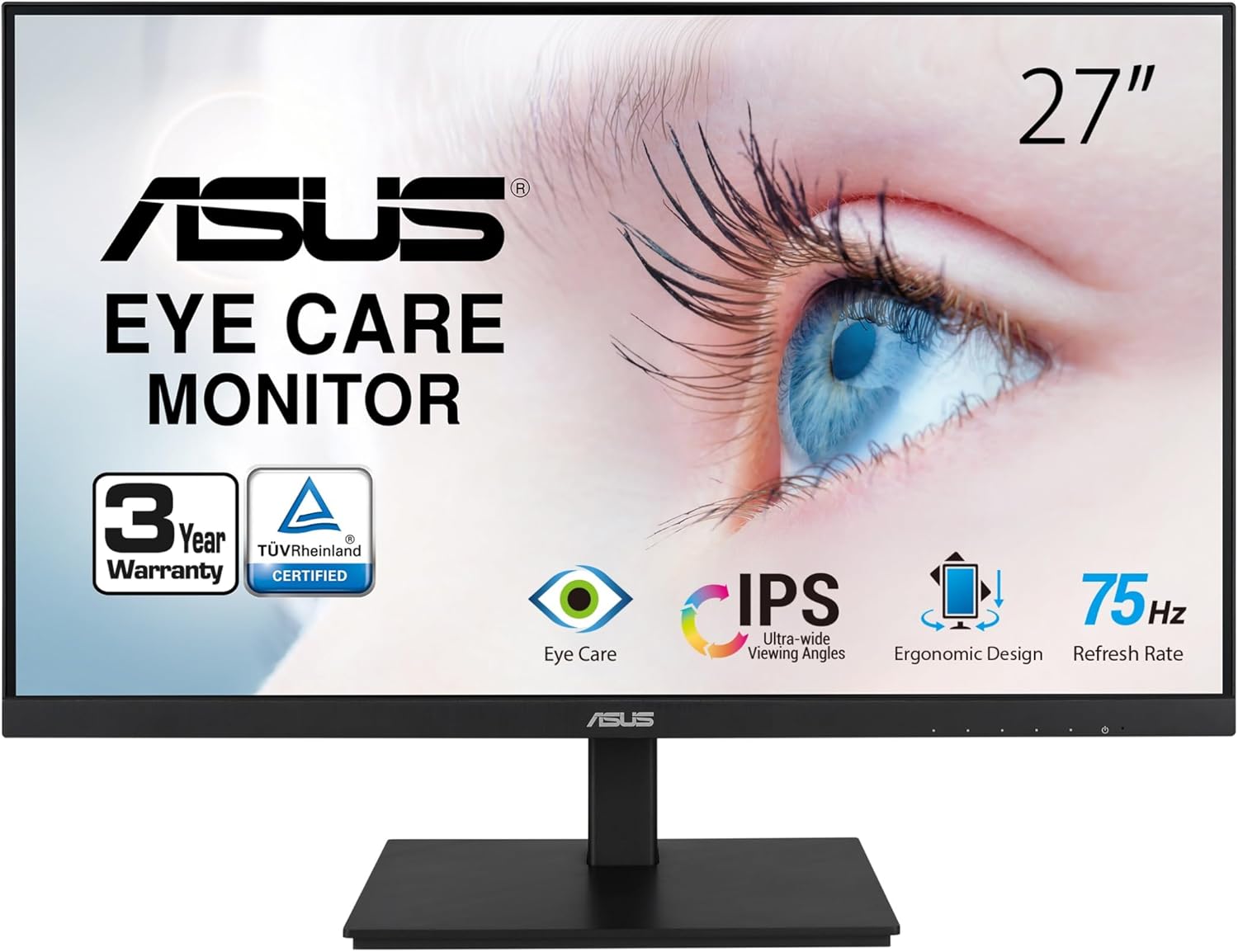 ASUS VA27DQSB 27” Monitor, 1080P Full HD, 75Hz, IPS, Adaptive-Sync, Eye Care, HDMI DisplayPort VGA USB Hub, Frameless, Ergonomic Design, VESA Wall Mountable,BLACK