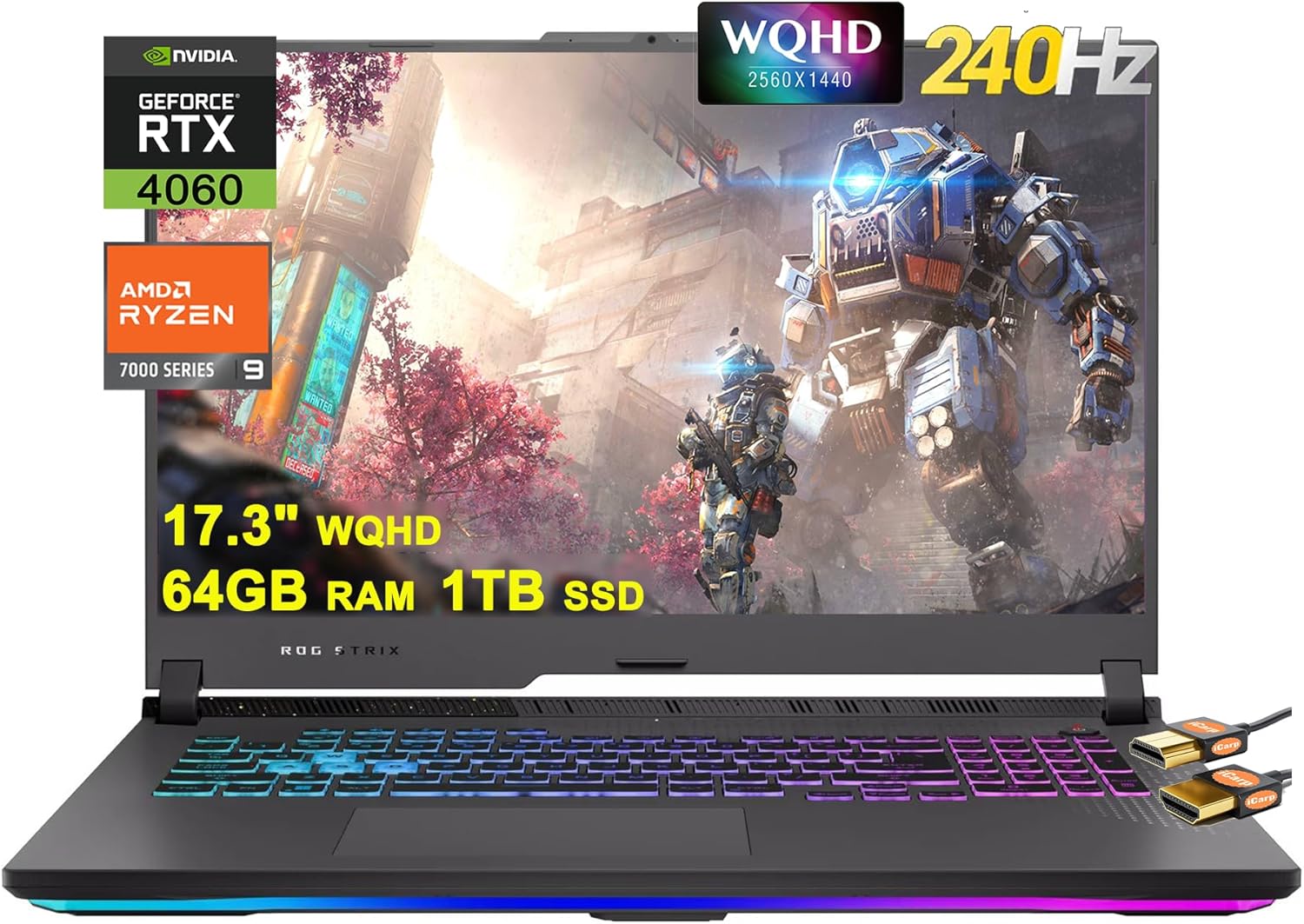 ASUS ROG Strix G17 G713 Gaming Laptop 17.3″ WQHD IPS 240Hz AMD 12-Core Ryzen 9 7845HX (Beat i9-12900H) 64GB DDR5 1TB SSD GeForce RTX 4060 8GB USB-C RGB Backlit Fast Charging Win11 Black + HDMI Cable