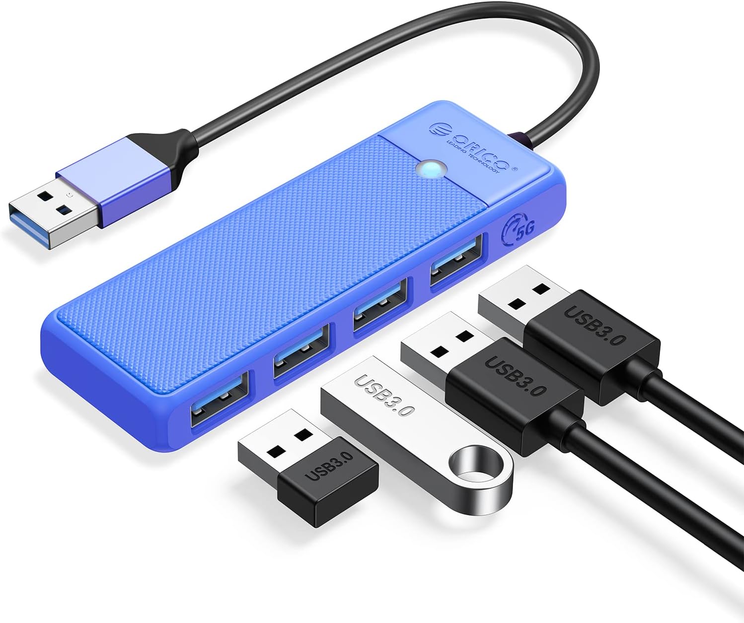 USB 3.0 Hub, ORICO 4-Port USB Hub, Ultra Slim USB Splitter for Laptop for MacBook, Mac Pro, iMac, Surface Pro, XPS, PS5, PC, Flash Drive, Mobile HDD(Blue/0.5ft)