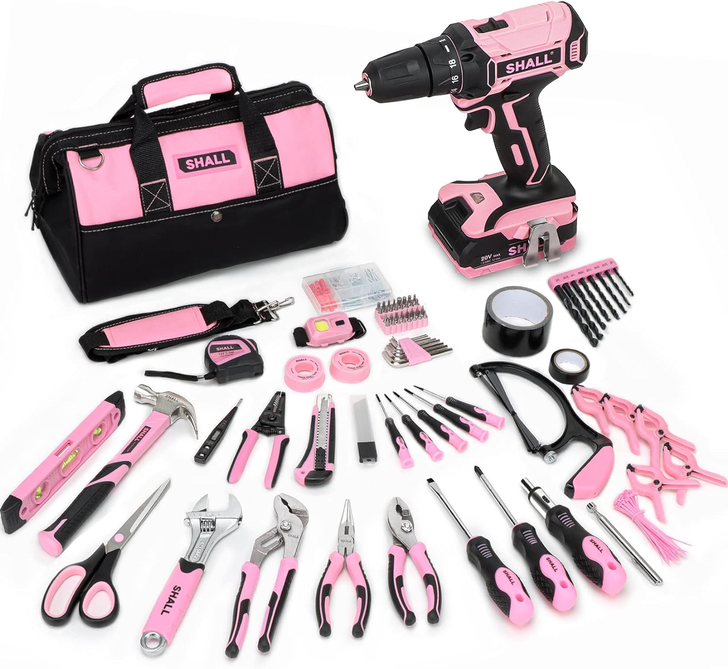 SHALL 247Pcs 20V Cordless Drill Driver & Household Tool Kit for Women, Pink Electric Power Drill Screwdriver and Home Hand Tool Set with 14” Storage Tool Bag for DIY, Home Repair/Maintenance