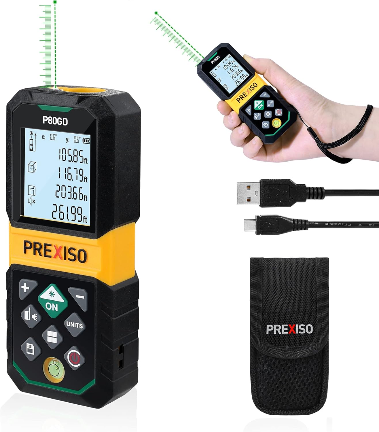 PREXISO Laser Measure Rechargeable, 265Ft Green Beam Laser Measurement Tool with Angle Sensor& 30 Sets Data Storage &1/4″-20 Threaded Hole – Ft/Ft+in/in/M Units – Pythagorean Mode, Area, Volume