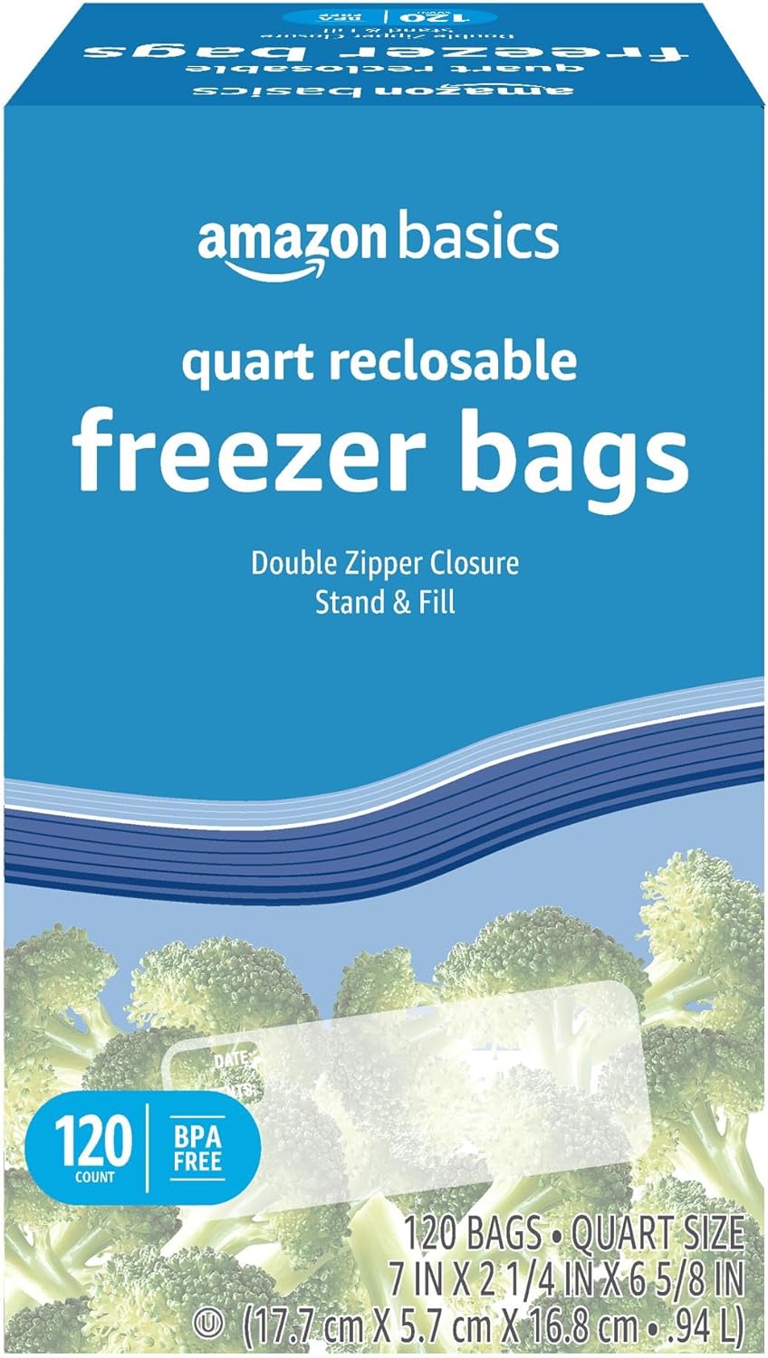 Amazon Basics Reclosable Freezer Quart Bags, Stand & Fill Base, 120 Count