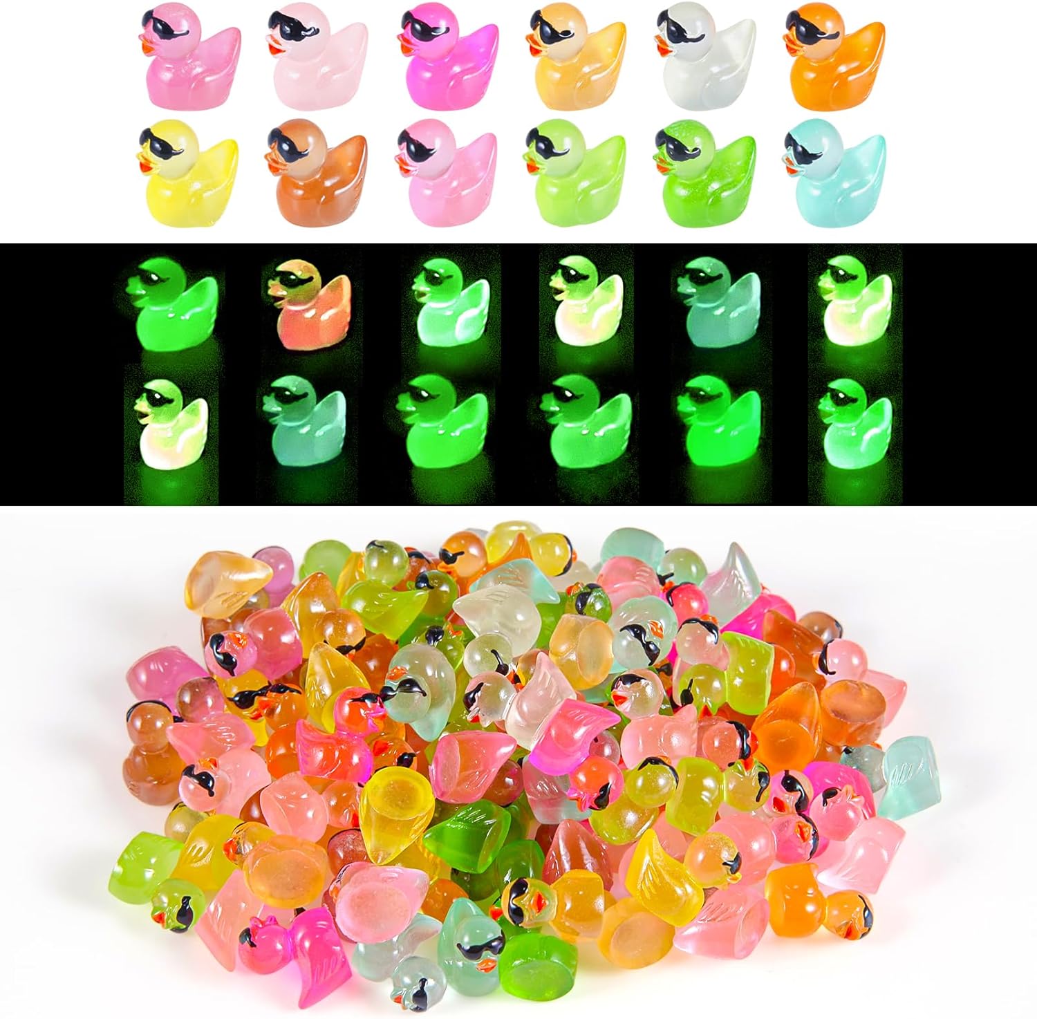 240Pcs Mini Resin Duck Luminous with Sunglasses Miniature Colorful Animal Glow in The Dark Dollhouse Tiny Micro Figurines Garden Decoration DIY Toy Cake Landscape Prank Party