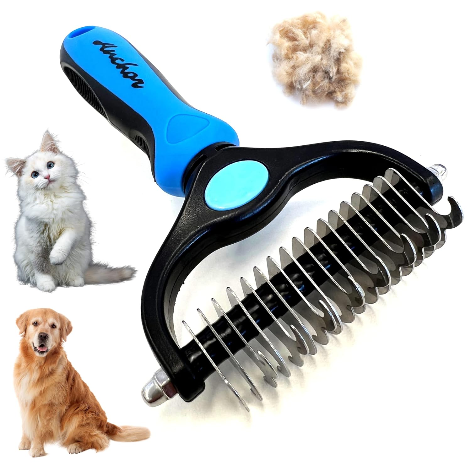 ANCHOR Pet Grooming Brush-Double Sided Shedding and Dematting Undercoat Rake Comb for Dogs and Cats, No More Nasty Shedding or Flying Hair (Blue), 1.0 Count