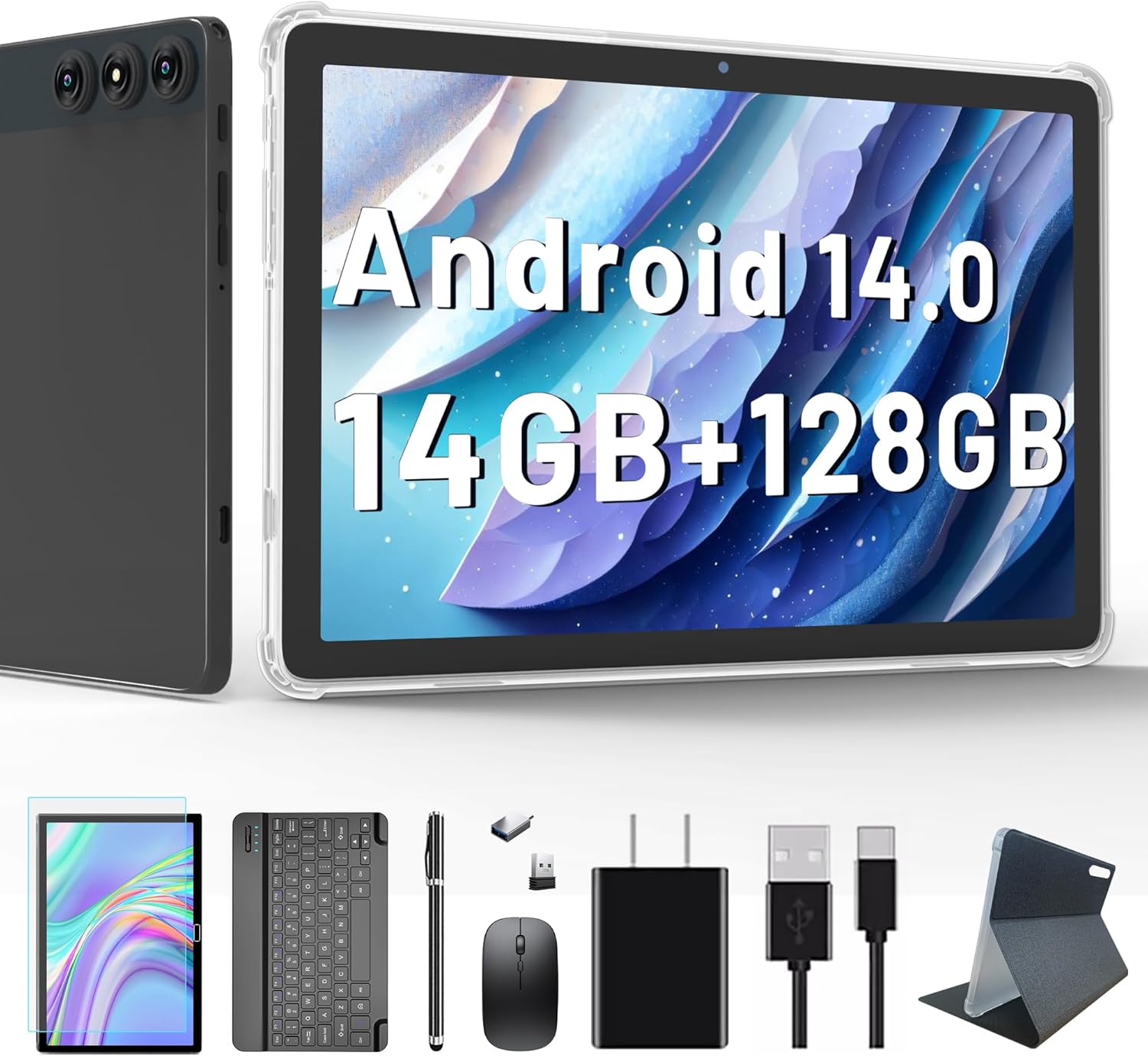 Android 14 Tablet, 2024 Newest Tablet 10 inch 128GB Storage 1TB Expandable 14GB RAM, 4G Sim Slot Tablet with keyboard Support 5G WiFi Bluetooth 5.0 GPS, 7000 mAh, Octa-Core Processor, FHD IPS Display